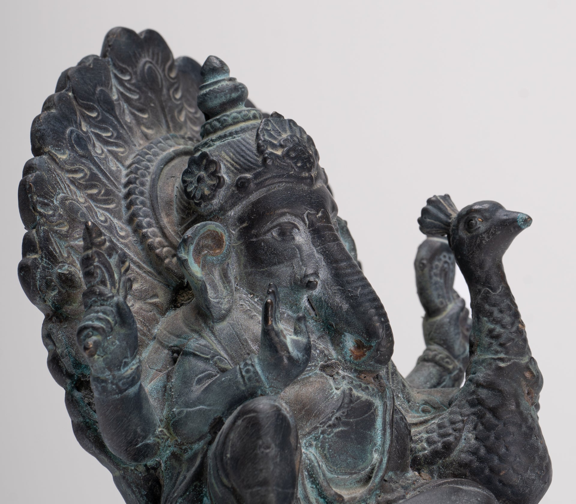 Ganesh - Antique Thai Style Bronze Seated Mayuresha Ganapathy Statue - 13cm/5"