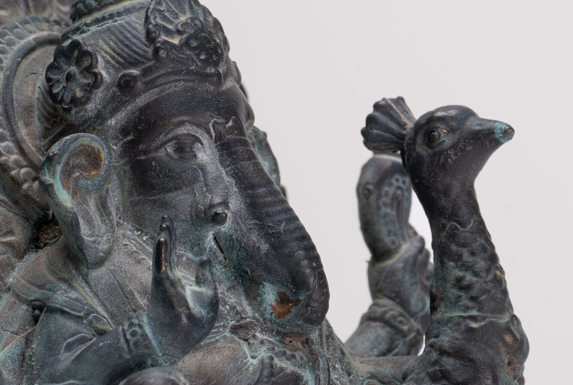 Ganesh - Antique Thai Style Bronze Seated Mayuresha Ganapathy Statue - 13cm/5"