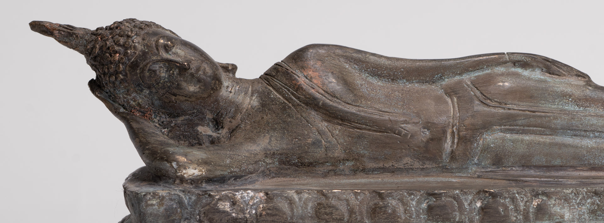 Buddha Statue - Antique Thai Style Bronze Sukhothai Reclining Nirvana Buddha Statue - 27cm/11"