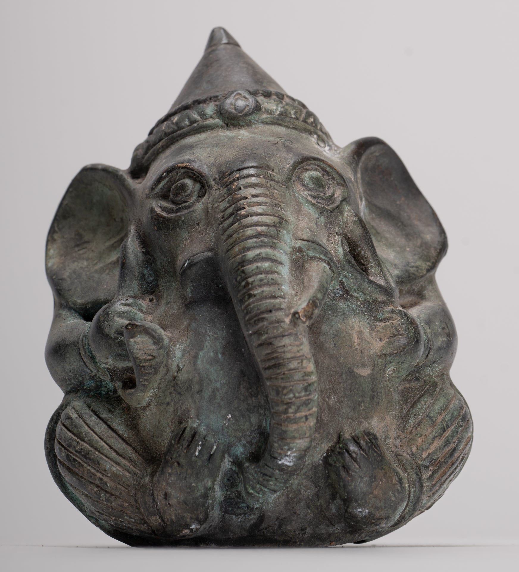 Antique Khmer Style Bronze Seated Round Elephant Statue - 12cm/5" Tall