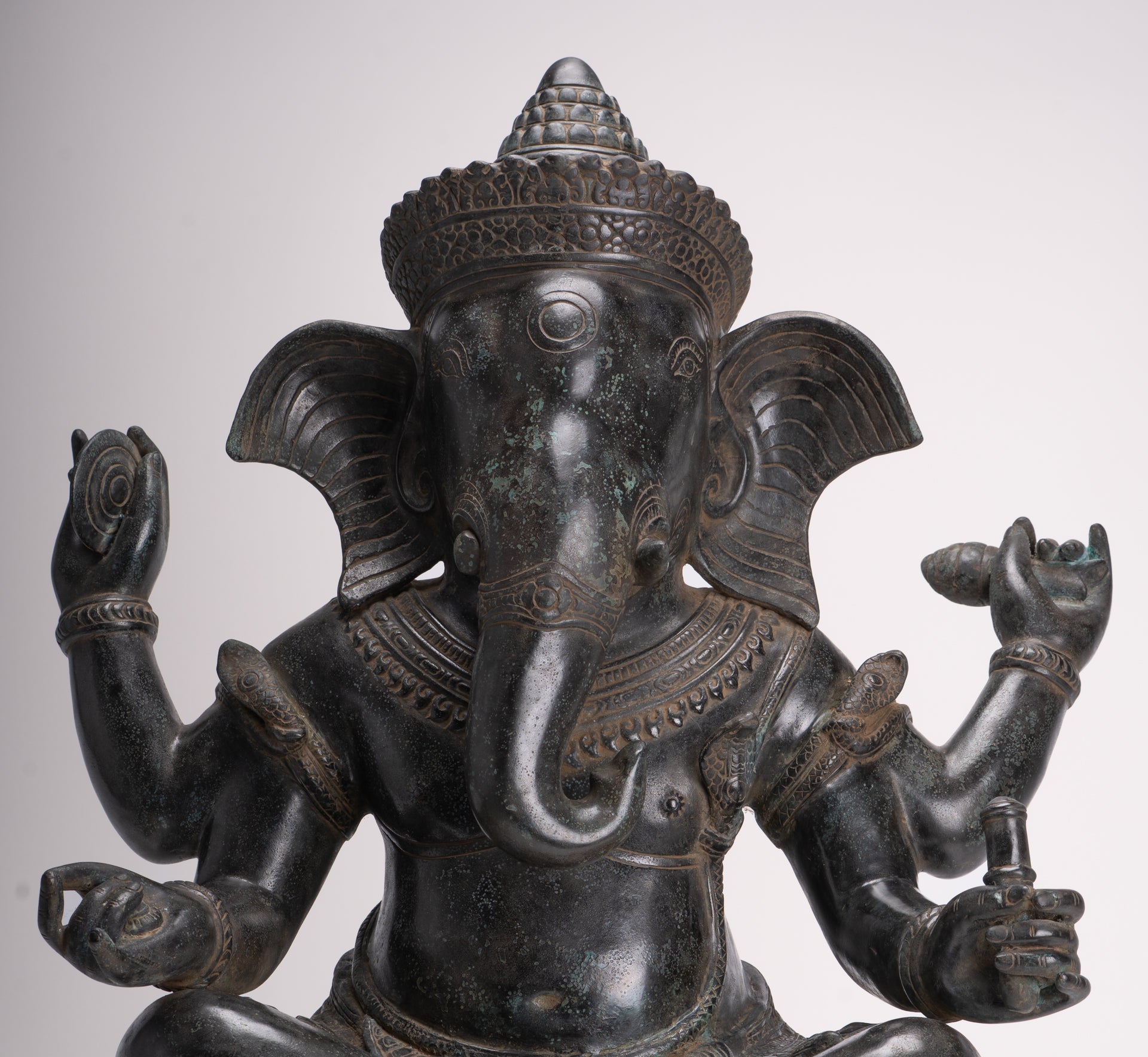 Large Ganesha Statue - Antique Khmer Style Angkor Wat Bronze Seated Four Arm Ganesh Statue - 56cm/22"