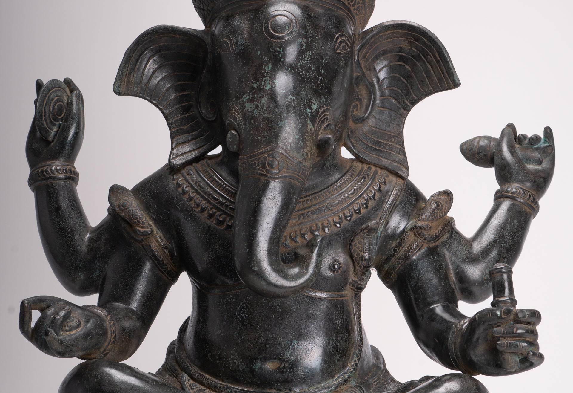 Large Ganesha Statue - Antique Khmer Style Angkor Wat Bronze Seated Four Arm Ganesh Statue - 56cm/22"