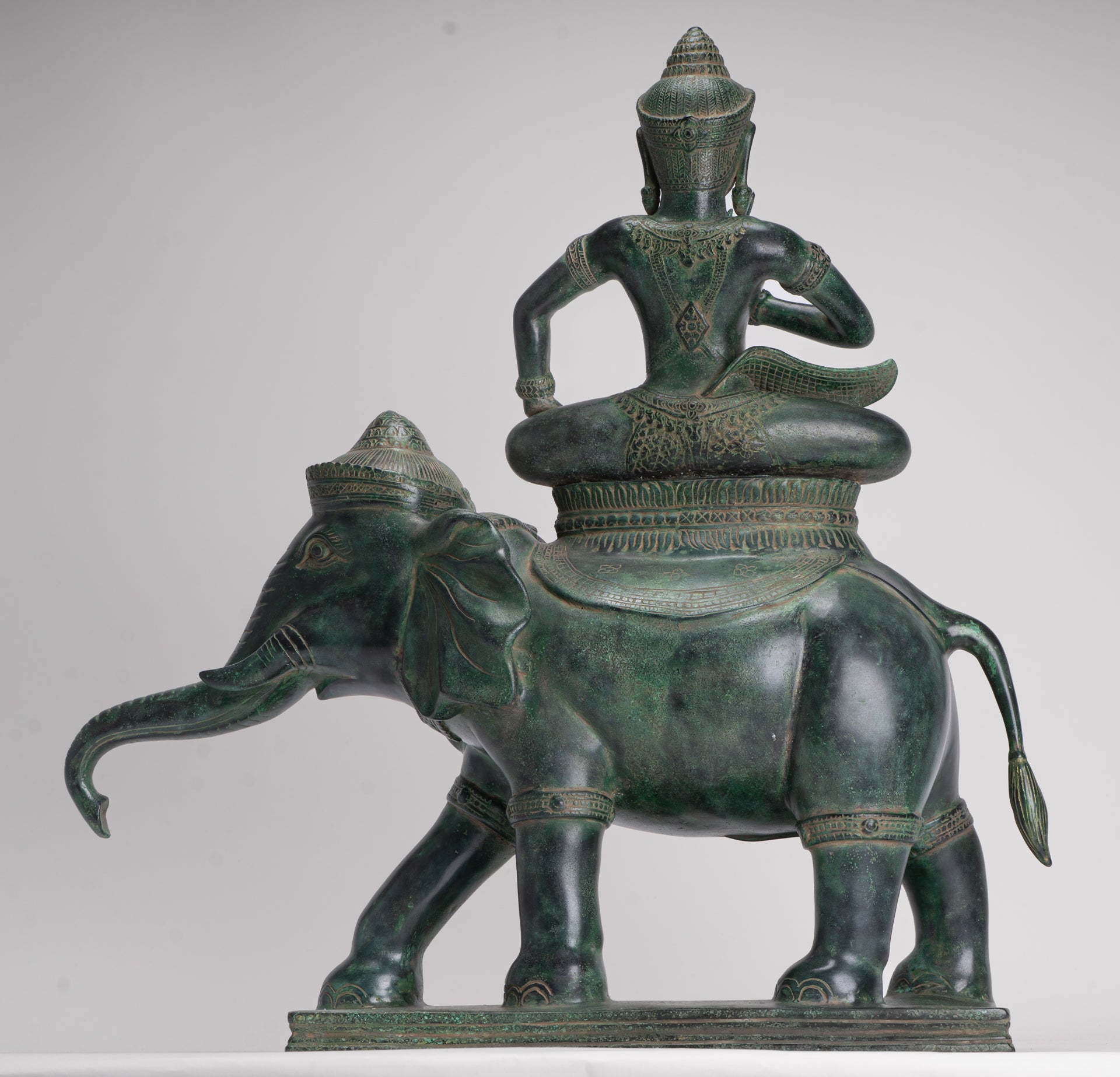 Indra Statue - Antique Khmer Style Bronze Erawan Airavata Statue with Indra - 59cm/24"