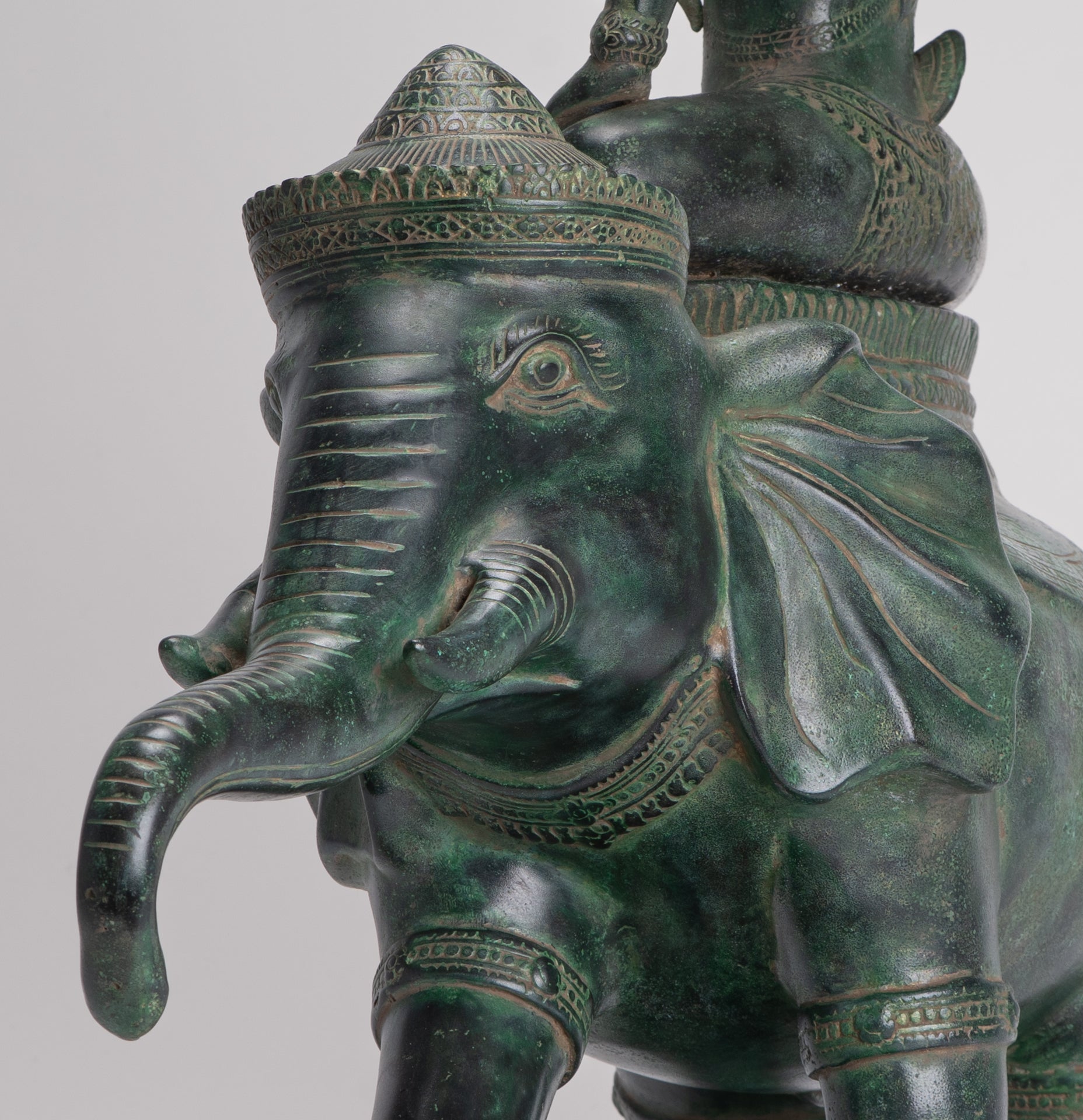 Indra Statue - Antique Khmer Style Bronze Erawan Airavata Statue with Indra - 59cm/24"