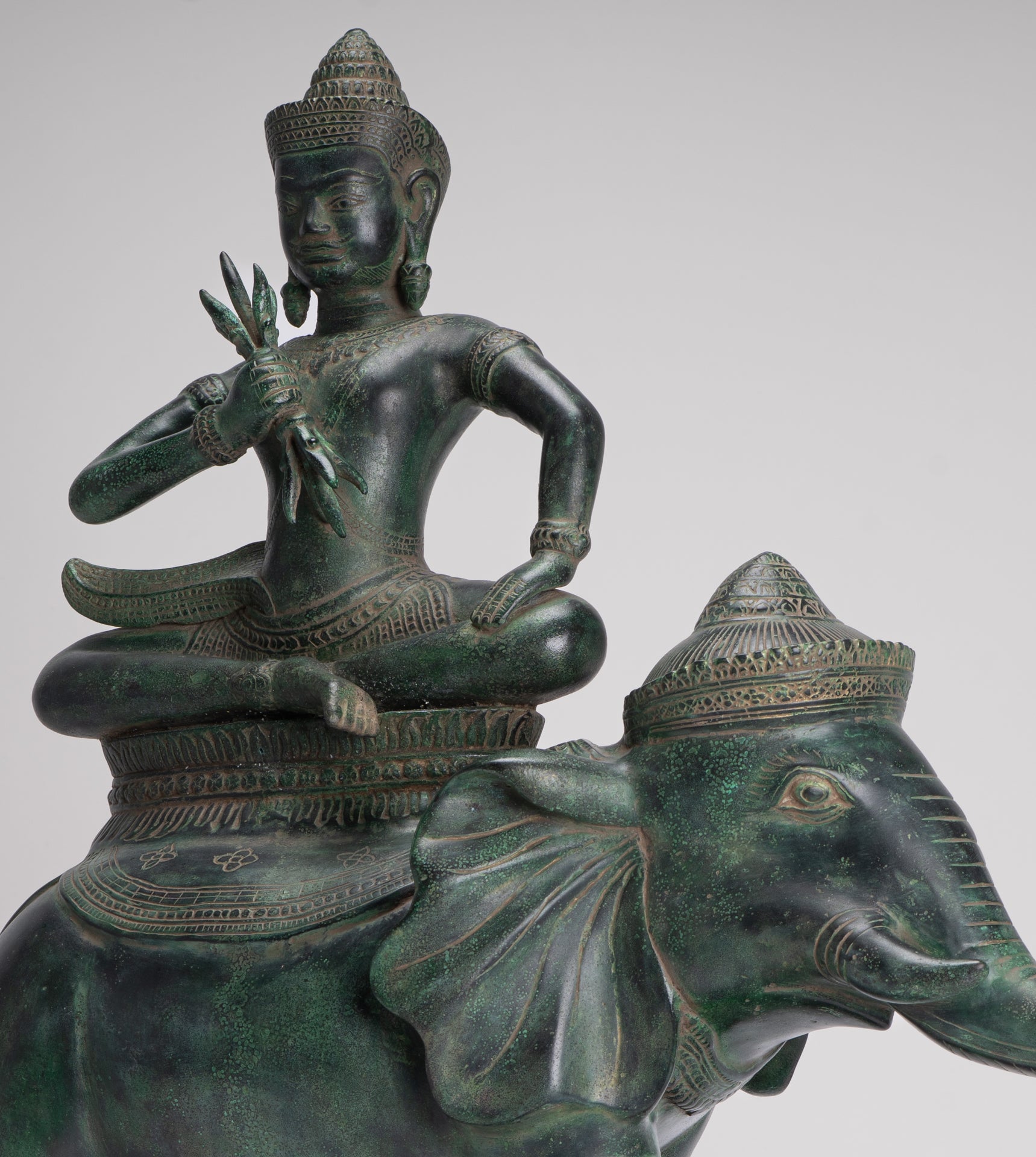 Indra Statue - Antique Khmer Style Bronze Erawan Airavata Statue with Indra - 59cm/24"