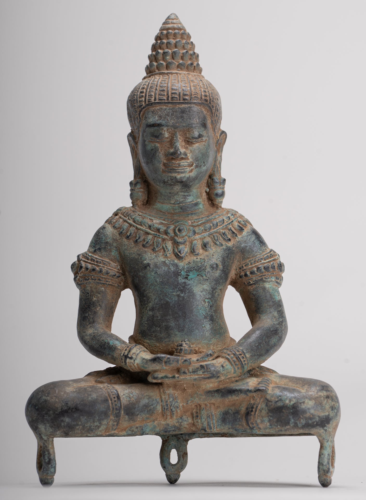 Buddha Statue - Antique Khmer Style Bronze Seated Meditation Bayon Buddha Statue - 22cm/9"