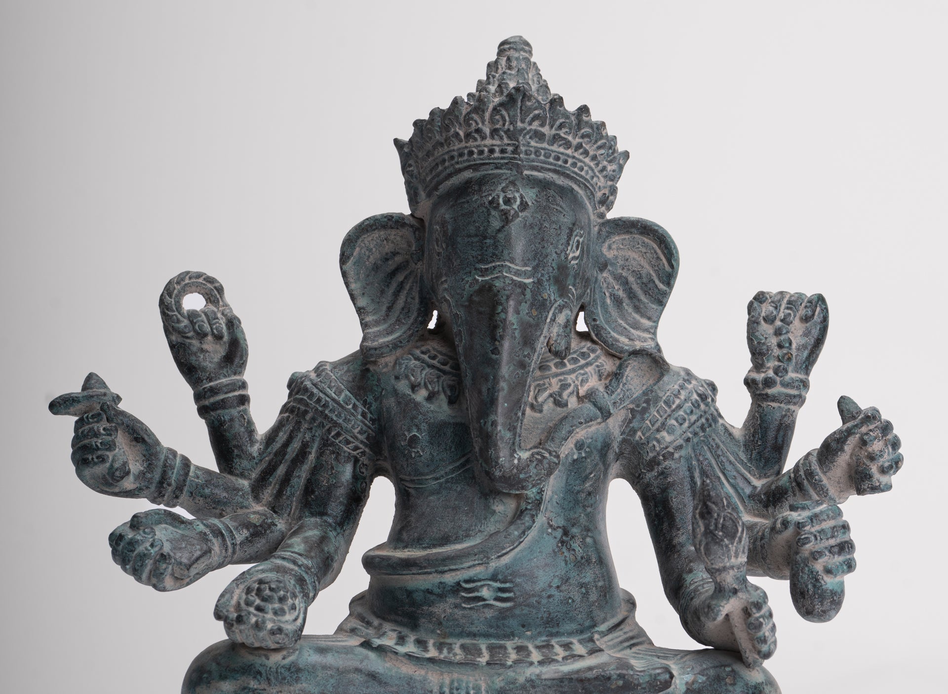Ganesha Statue - Antique Khmer Style Enthroned Angkor Wat 8 Arm Ganesh Statue - 22cm/9"