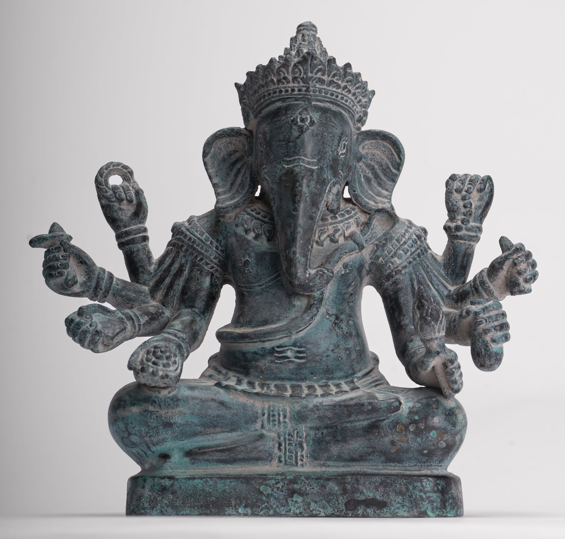 Ganesha Statue - Antique Khmer Style Enthroned Angkor Wat 8 Arm Ganesh Statue - 22cm/9"