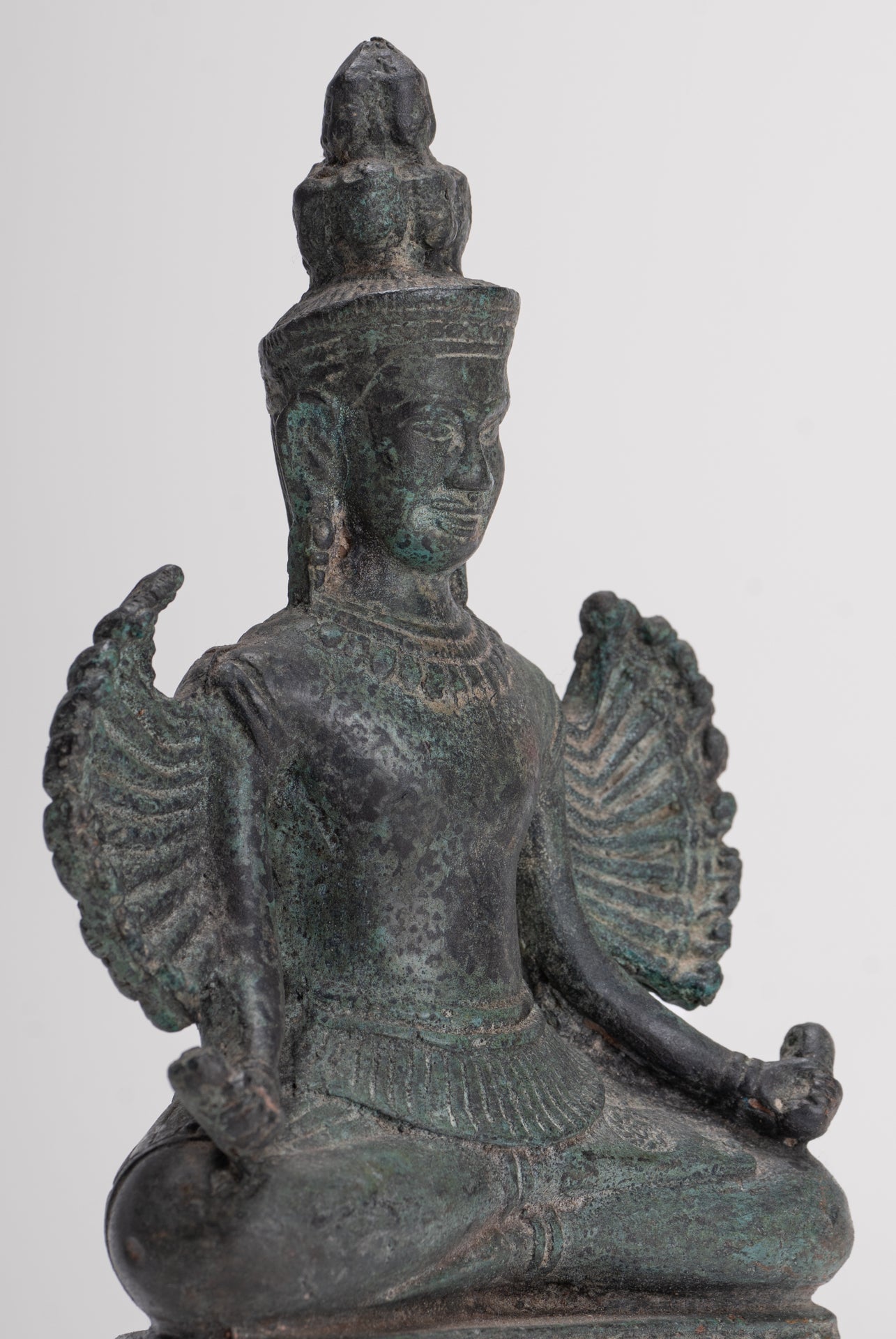 Antique Khmer Style Seated Bronze Bayon Hevajra Statue - 20cm/8" Tall