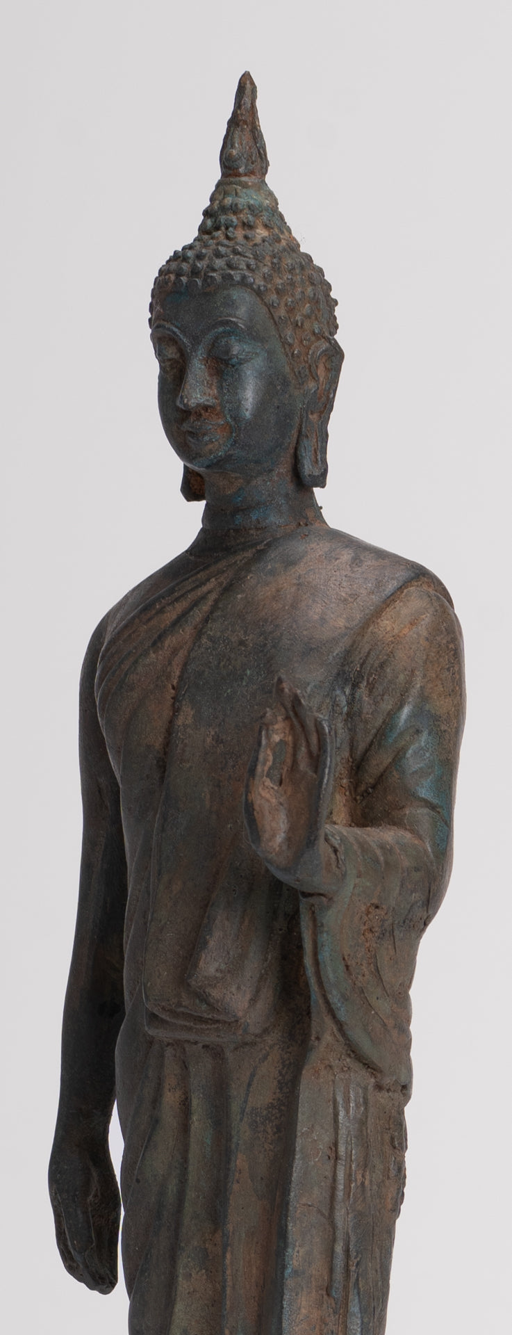 Antique Sukhothai Style Standing Bronze Thai Protection Walking Buddha Statue - 30cm/12"