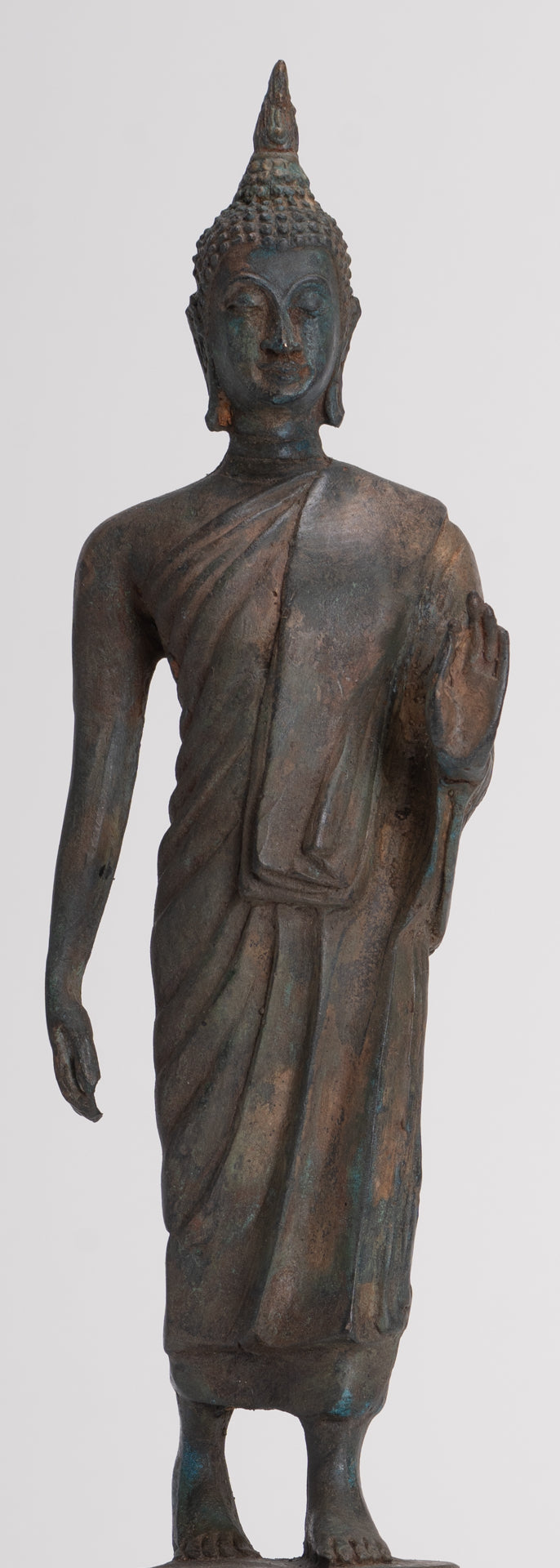 Antique Sukhothai Style Standing Bronze Thai Protection Walking Buddha Statue - 30cm/12"
