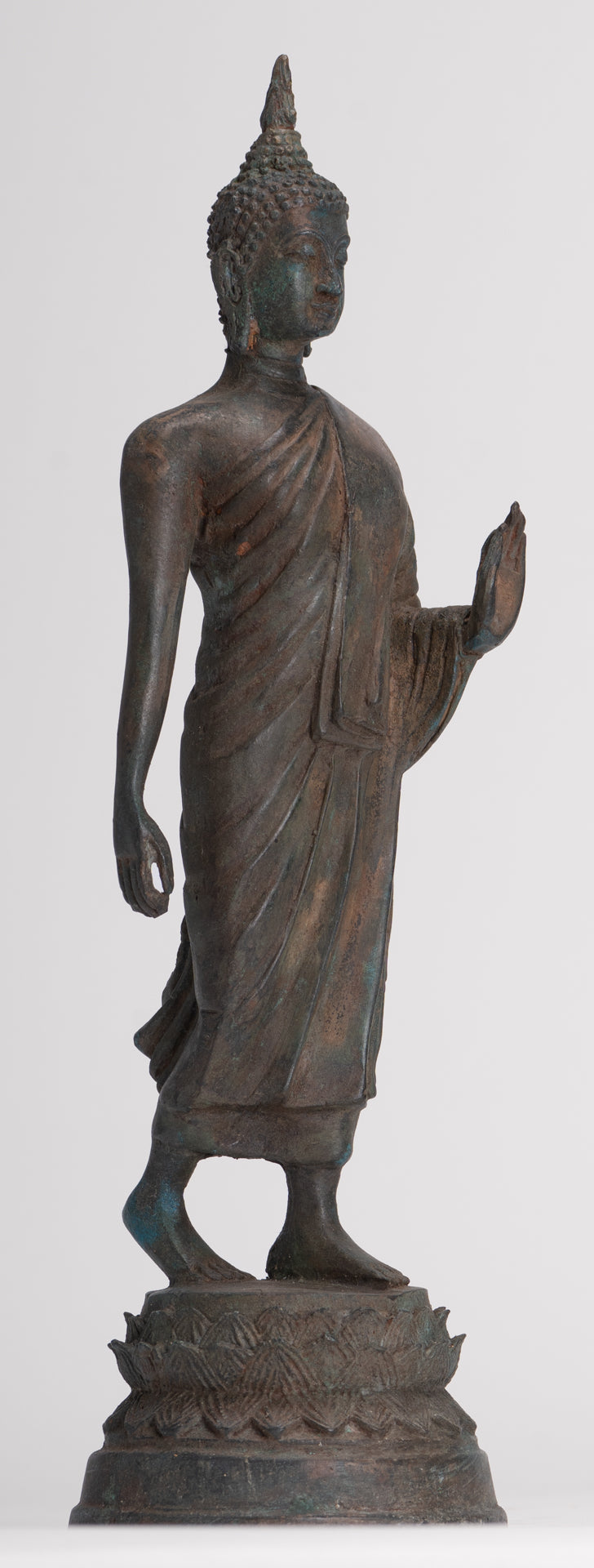 Antique Sukhothai Style Standing Bronze Thai Protection Walking Buddha Statue - 30cm/12"