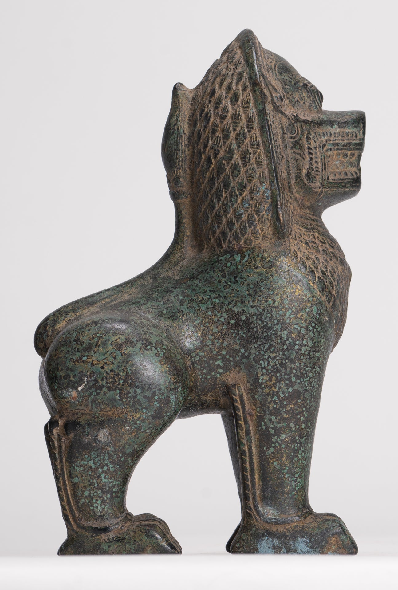 Temple Lions - Antique Khmer Style Bronze Standing Temple Guardian or Lions (Pair) - 20cm/8"