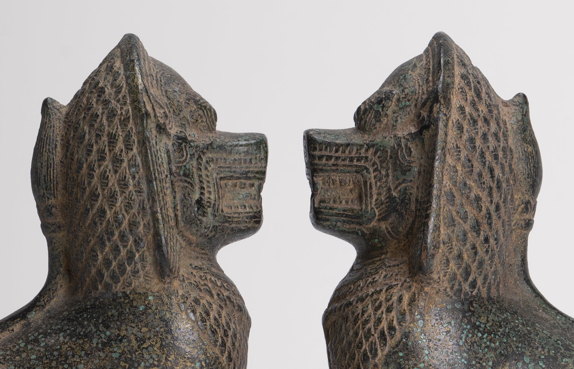 Temple Lions - Antique Khmer Style Bronze Standing Temple Guardian or Lions (Pair) - 20cm/8"