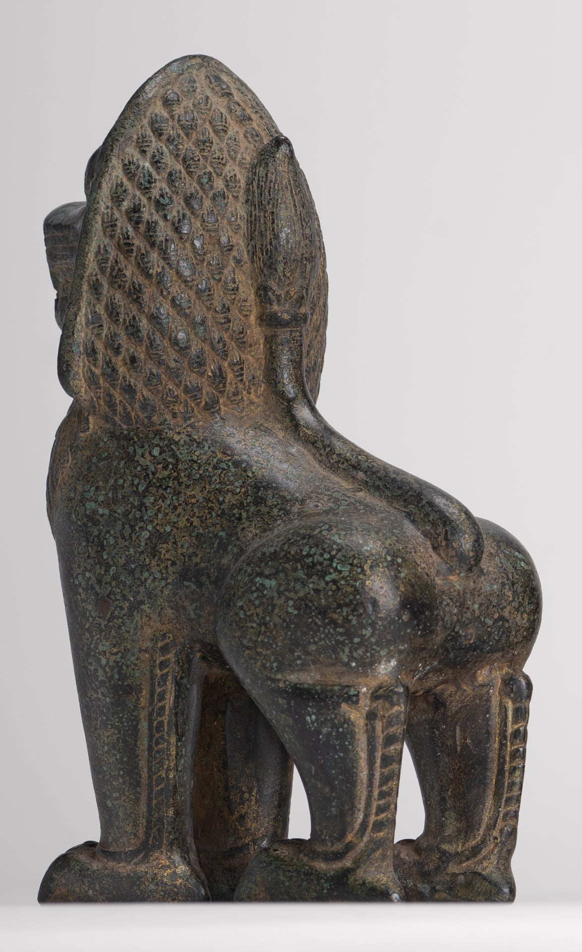 Temple Lions - Antique Khmer Style Bronze Standing Temple Guardian or Lions (Pair) - 20cm/8"