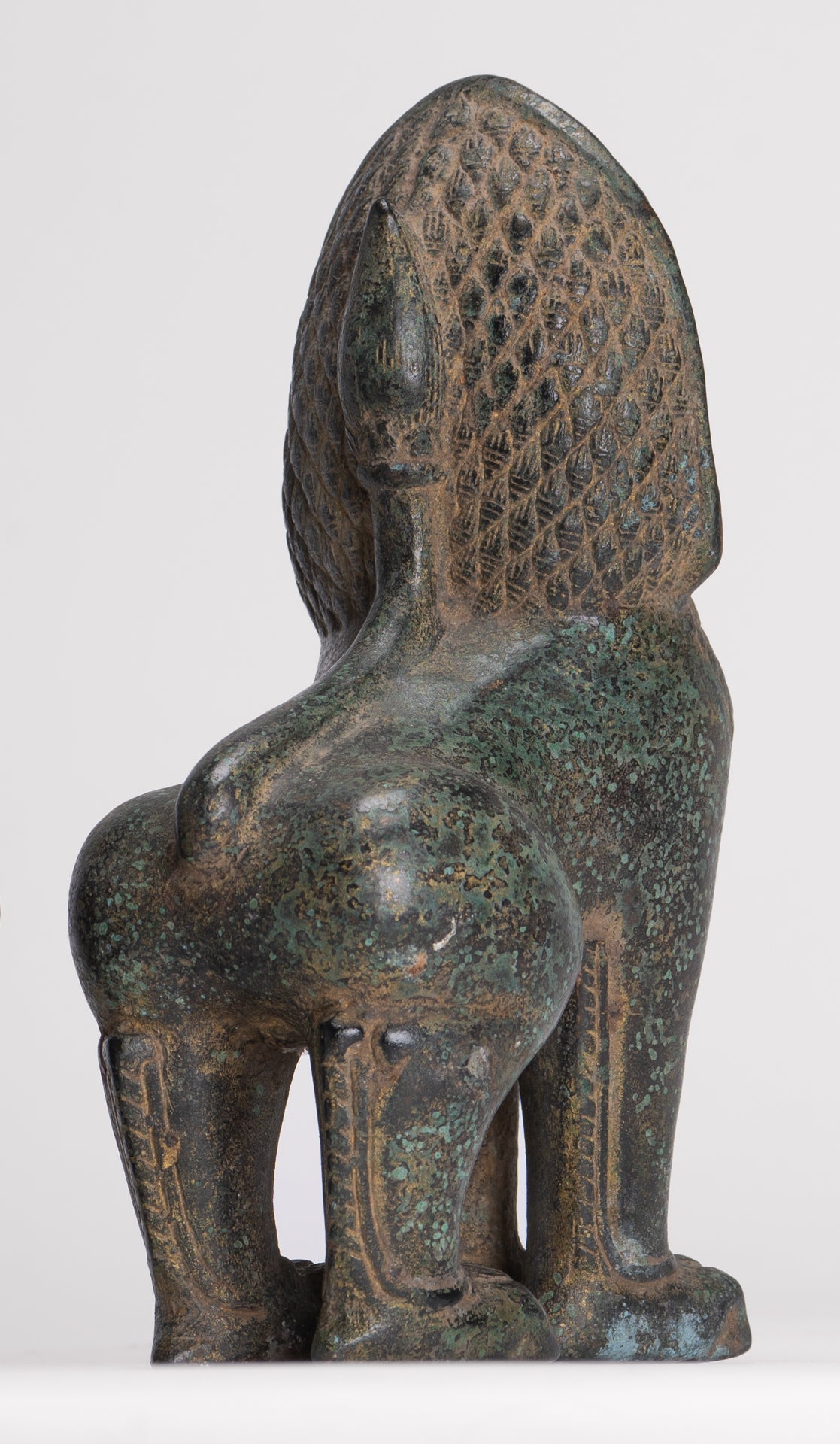 Temple Lions - Antique Khmer Style Bronze Standing Temple Guardian or Lions (Pair) - 20cm/8"