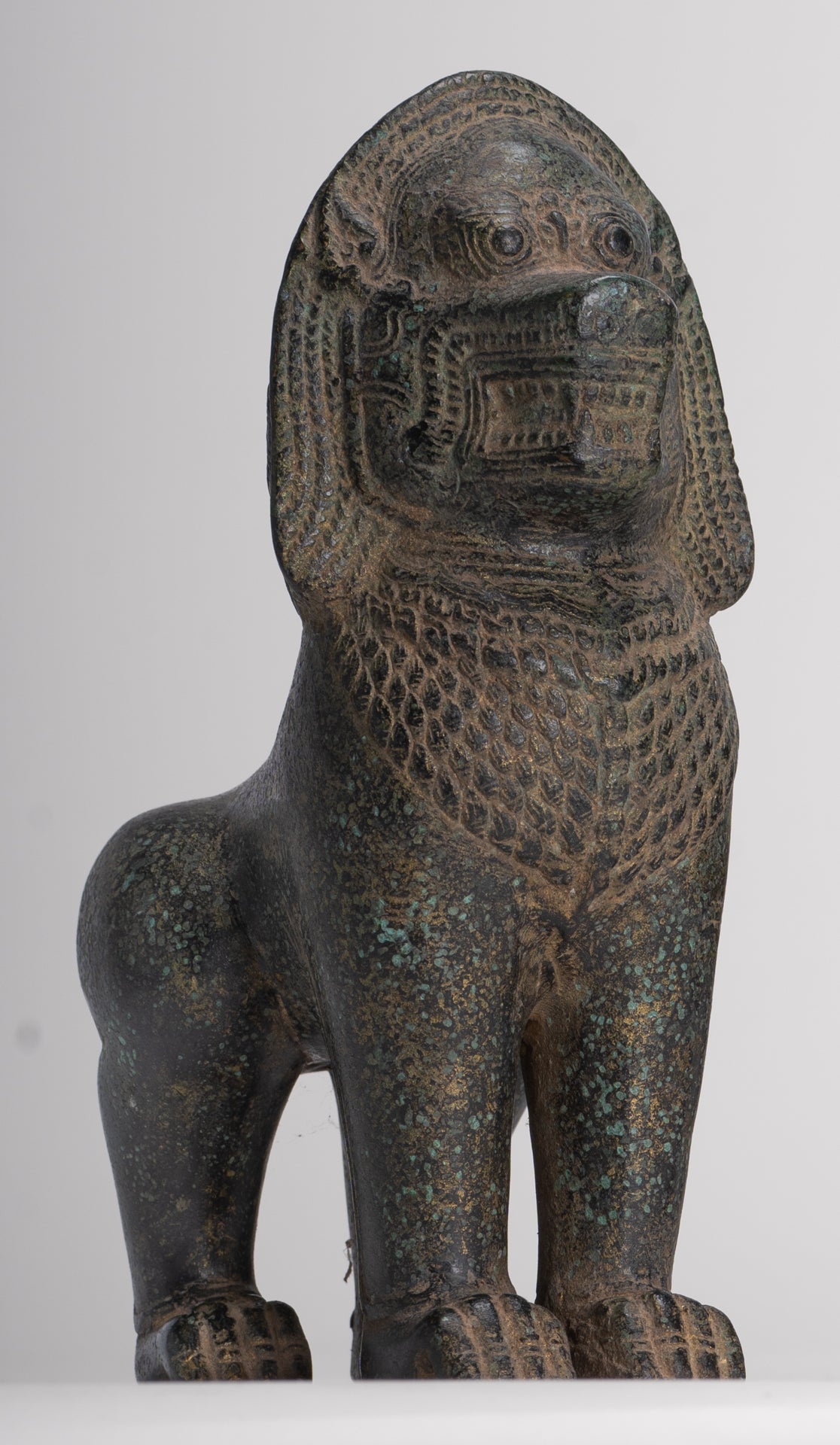 Temple Lions - Antique Khmer Style Bronze Standing Temple Guardian or Lions (Pair) - 20cm/8"