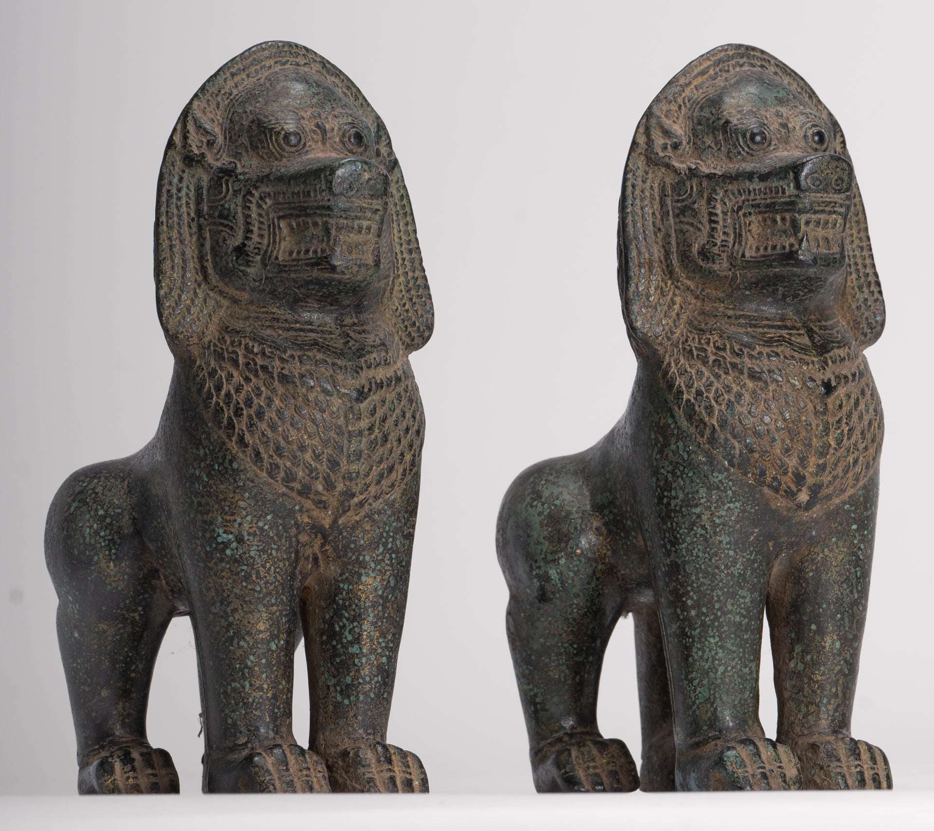 Temple Lions - Antique Khmer Style Bronze Standing Temple Guardian or Lions (Pair) - 20cm/8"