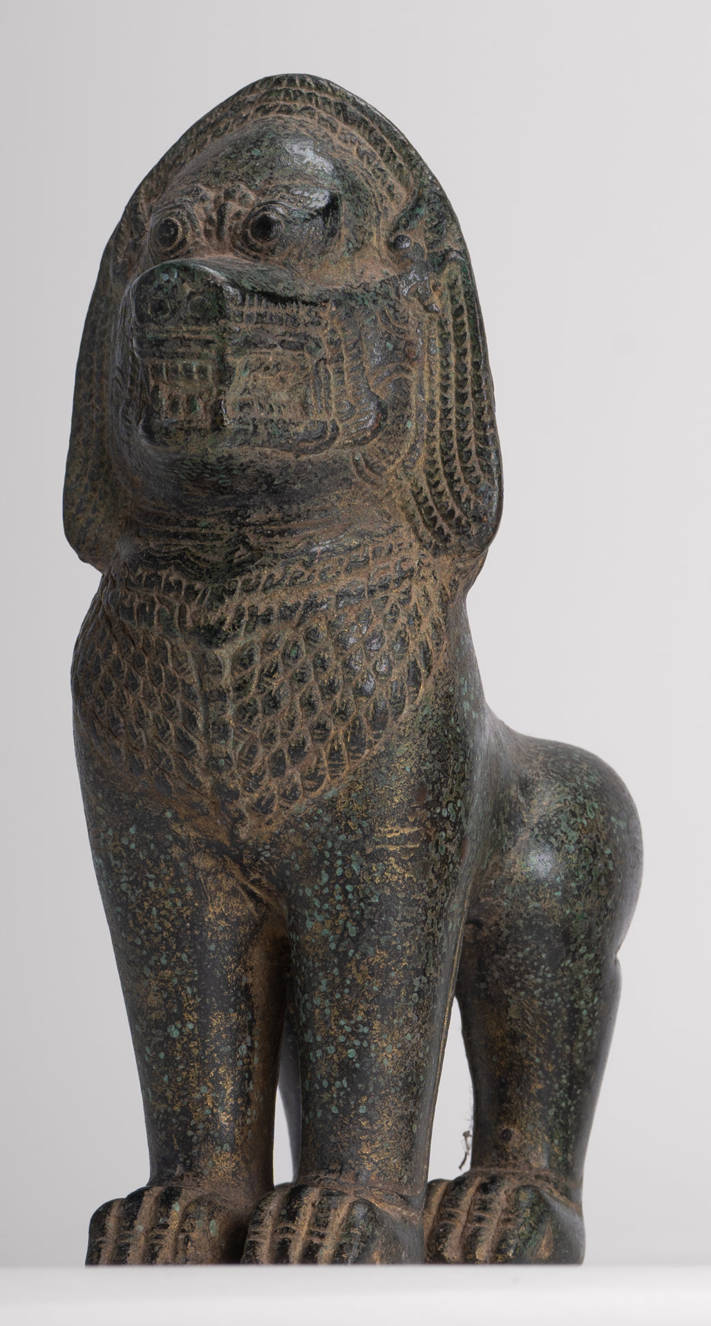 Temple Lions - Antique Khmer Style Bronze Standing Temple Guardian or Lions (Pair) - 20cm/8"