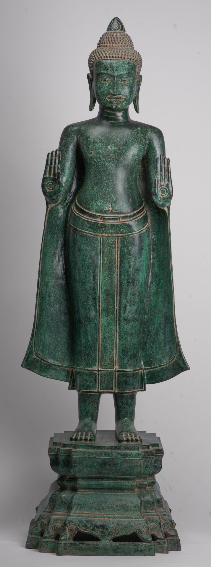 Large Buddha Statue - Antique Khmer Style Bronze Standing Abhaya Protection Buddha Statue - 123cm/49"