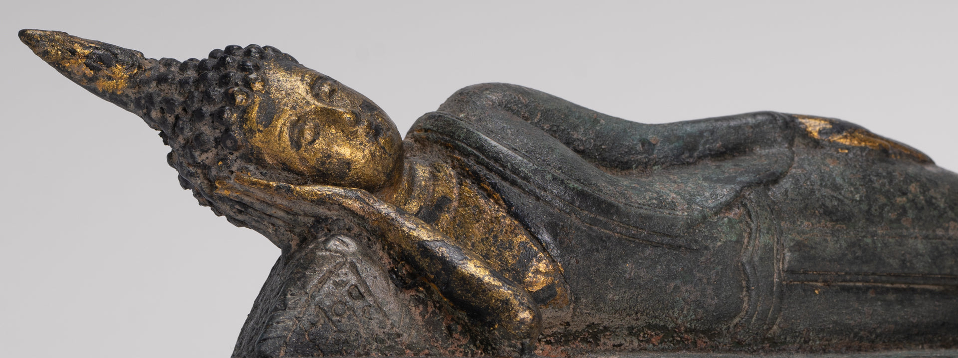 Buddha Statue - Antique Thai Style Bronze Sukhothai Reclining Nirvana Buddha Statue - 29cm/12"