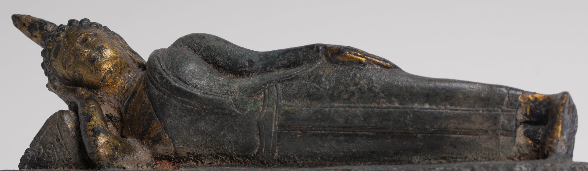 Buddha Statue - Antique Thai Style Bronze Sukhothai Reclining Nirvana Buddha Statue - 29cm/12"