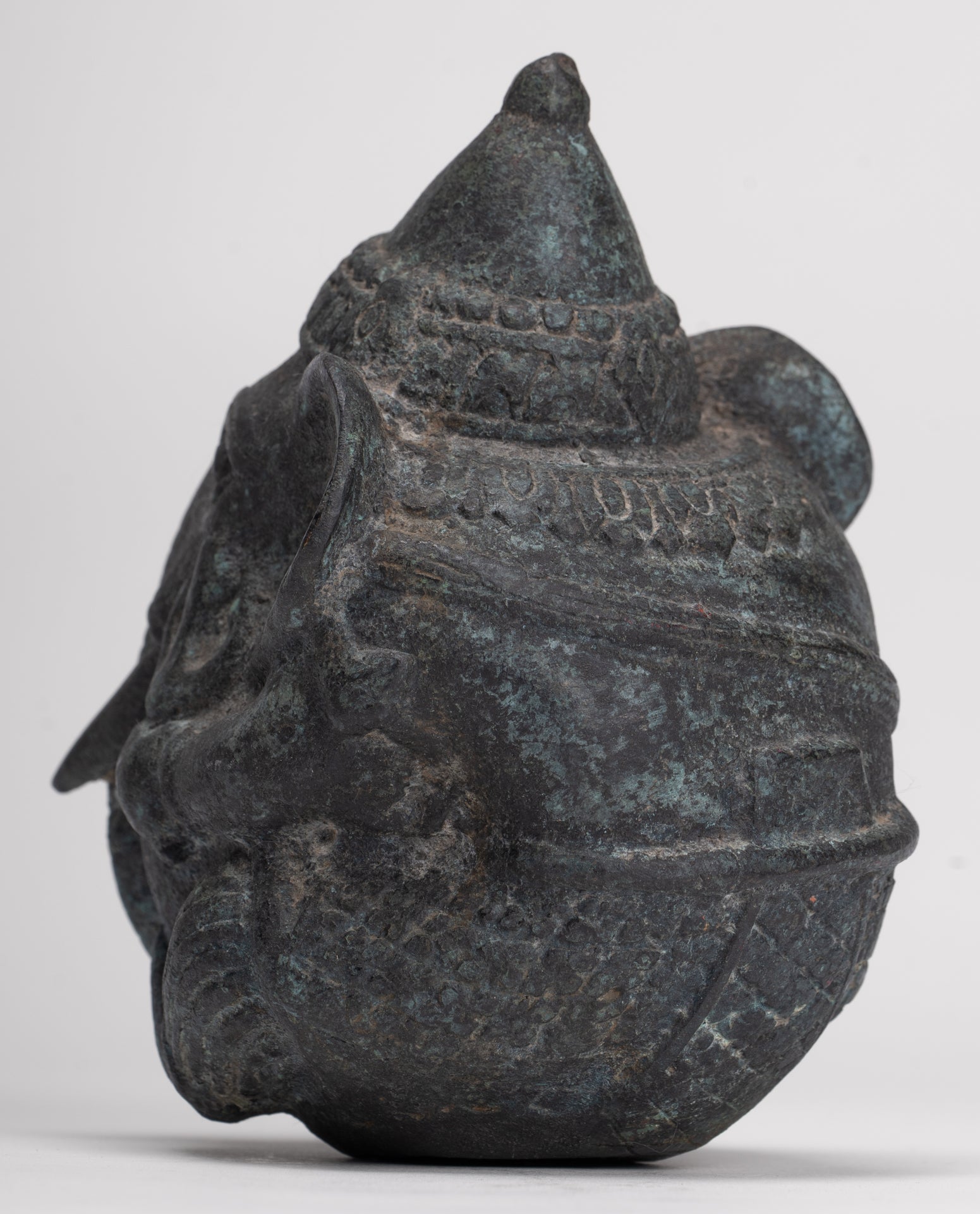 Antique Khmer Style Bronze Seated Round Elephant Statue - 14cm/6" Tall