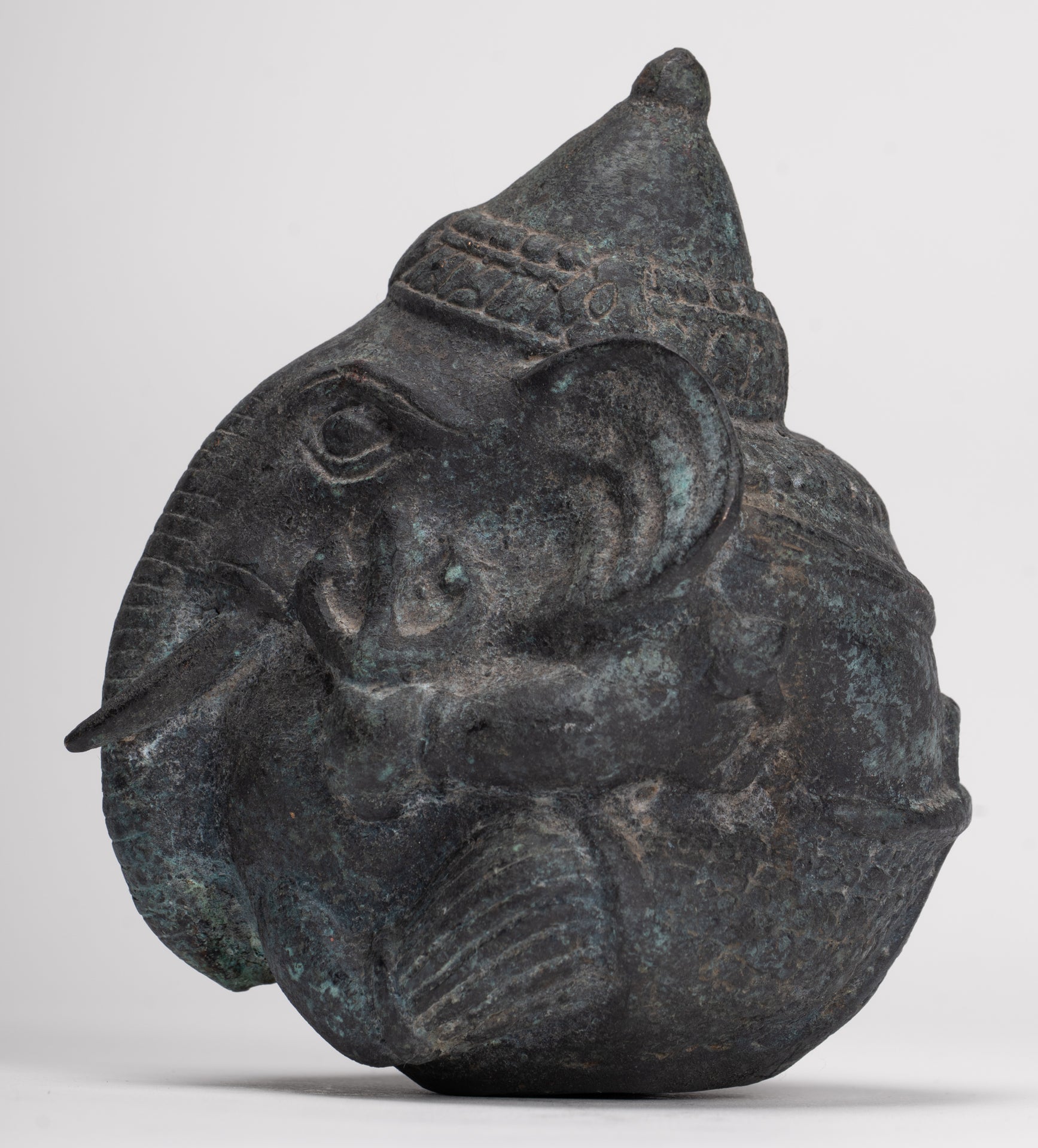 Antique Khmer Style Bronze Seated Round Elephant Statue - 14cm/6" Tall