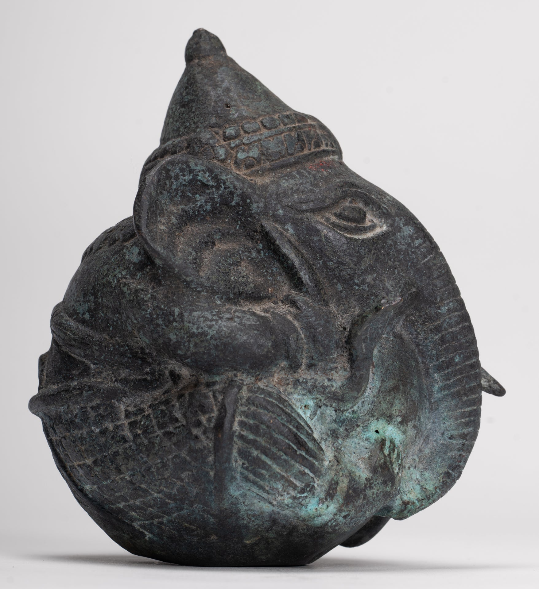 Antique Khmer Style Bronze Seated Round Elephant Statue - 14cm/6" Tall