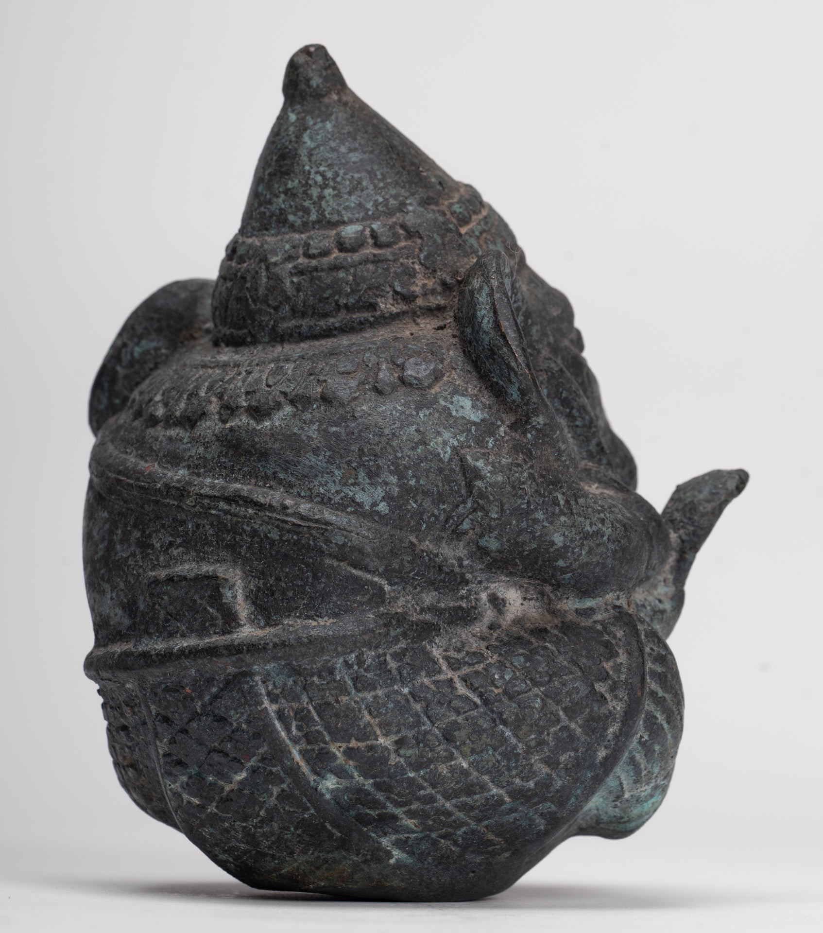 Antique Khmer Style Bronze Seated Round Elephant Statue - 14cm/6" Tall