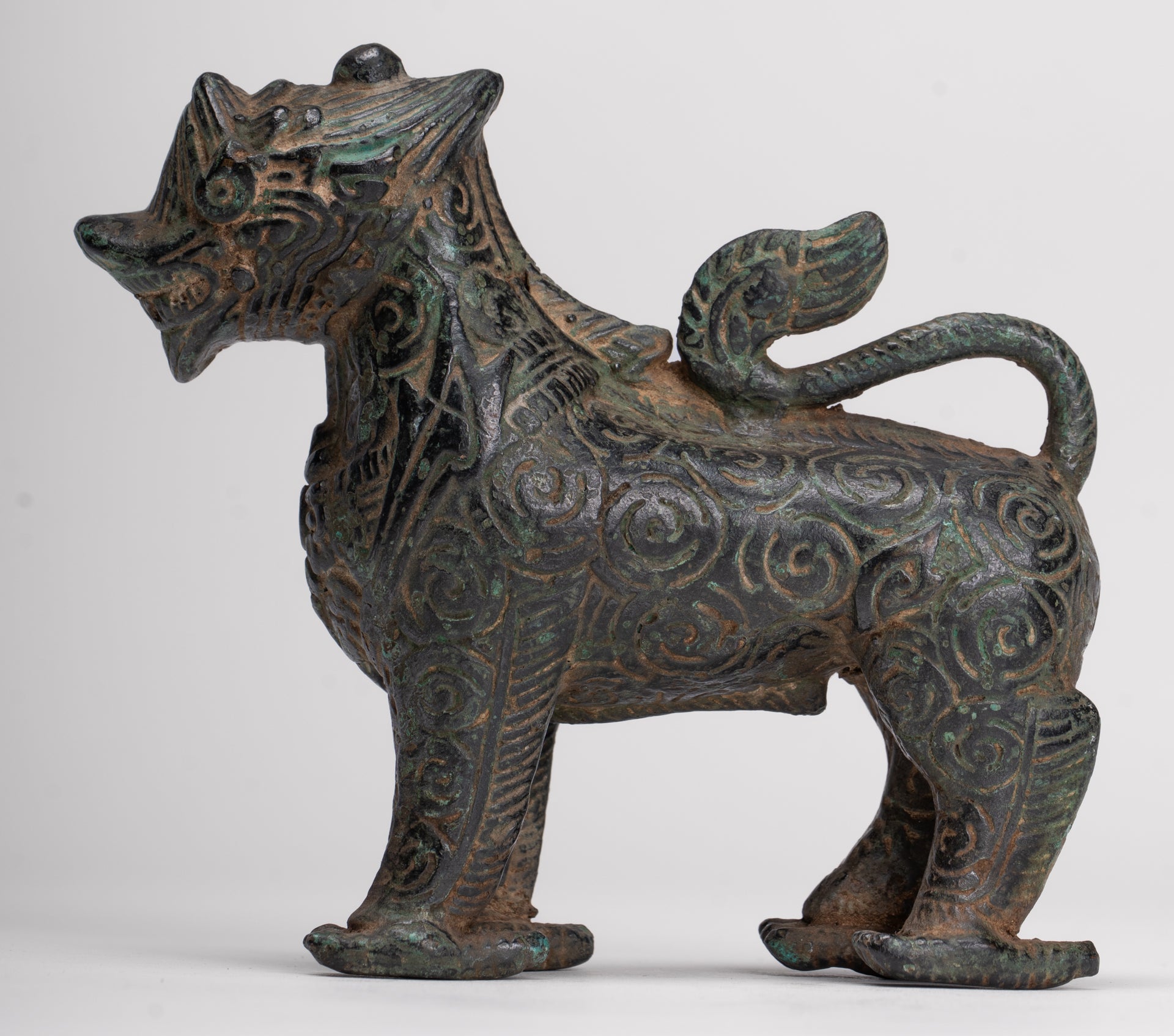 Antique Khmer Style Bronze Standing Chinthe Guardian Temple Lion - 10.5cm/4"