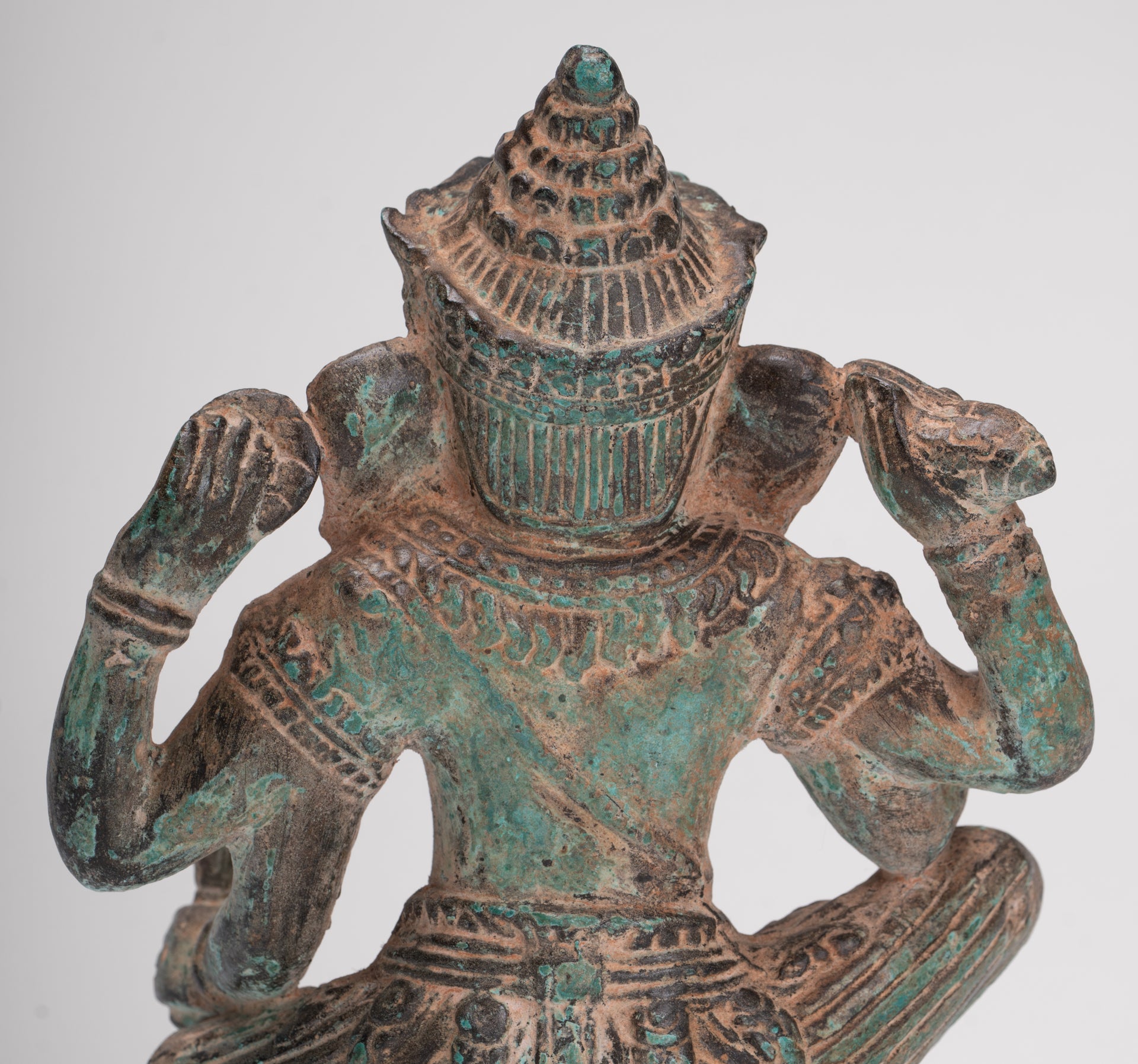 Ganesha Statue - Antique Khmer Style Angkor Wat Bronze Seated Four Arm Ganesh Statue - 19cm/8"