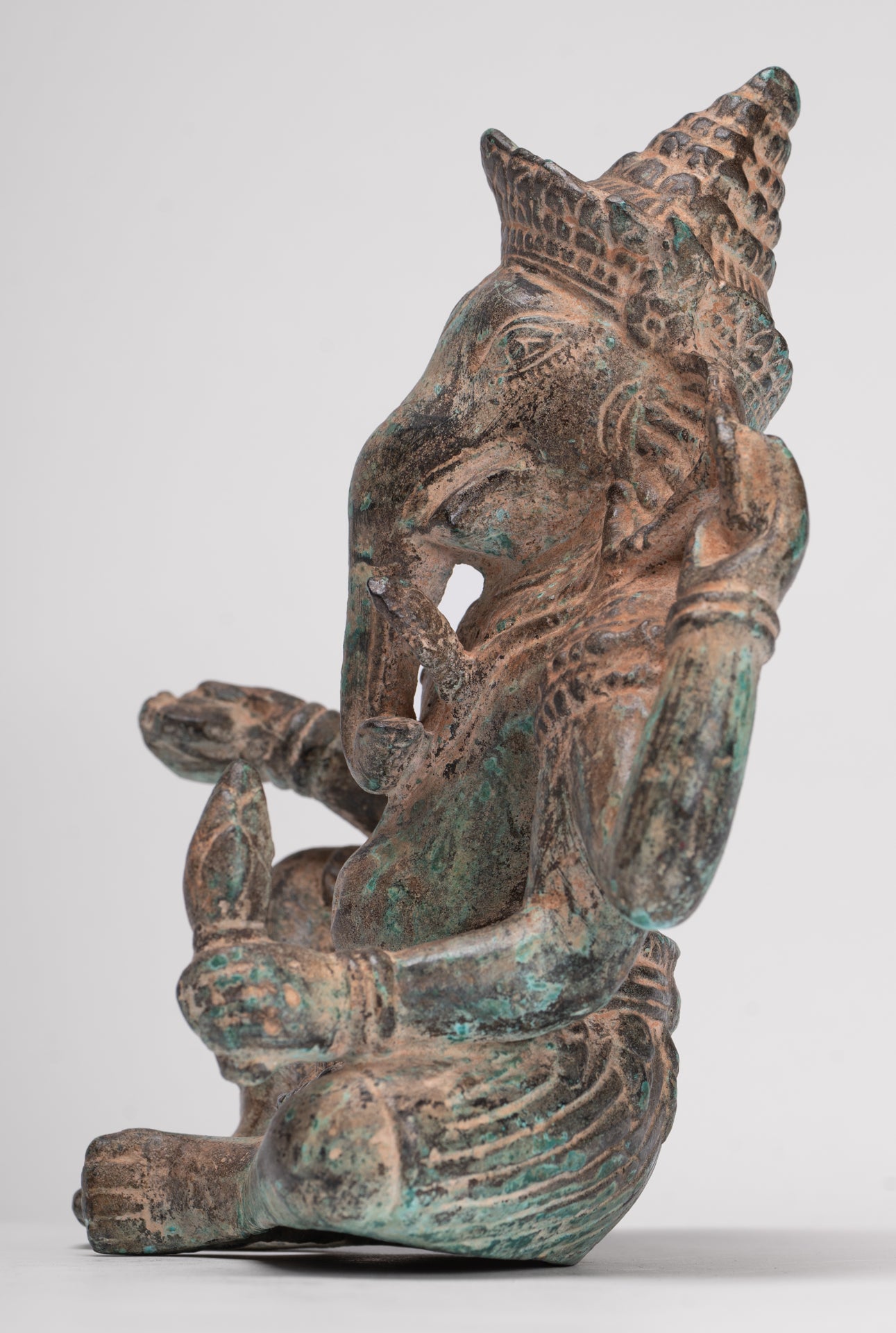 Ganesha Statue - Antique Khmer Style Angkor Wat Bronze Seated Four Arm Ganesh Statue - 19cm/8"