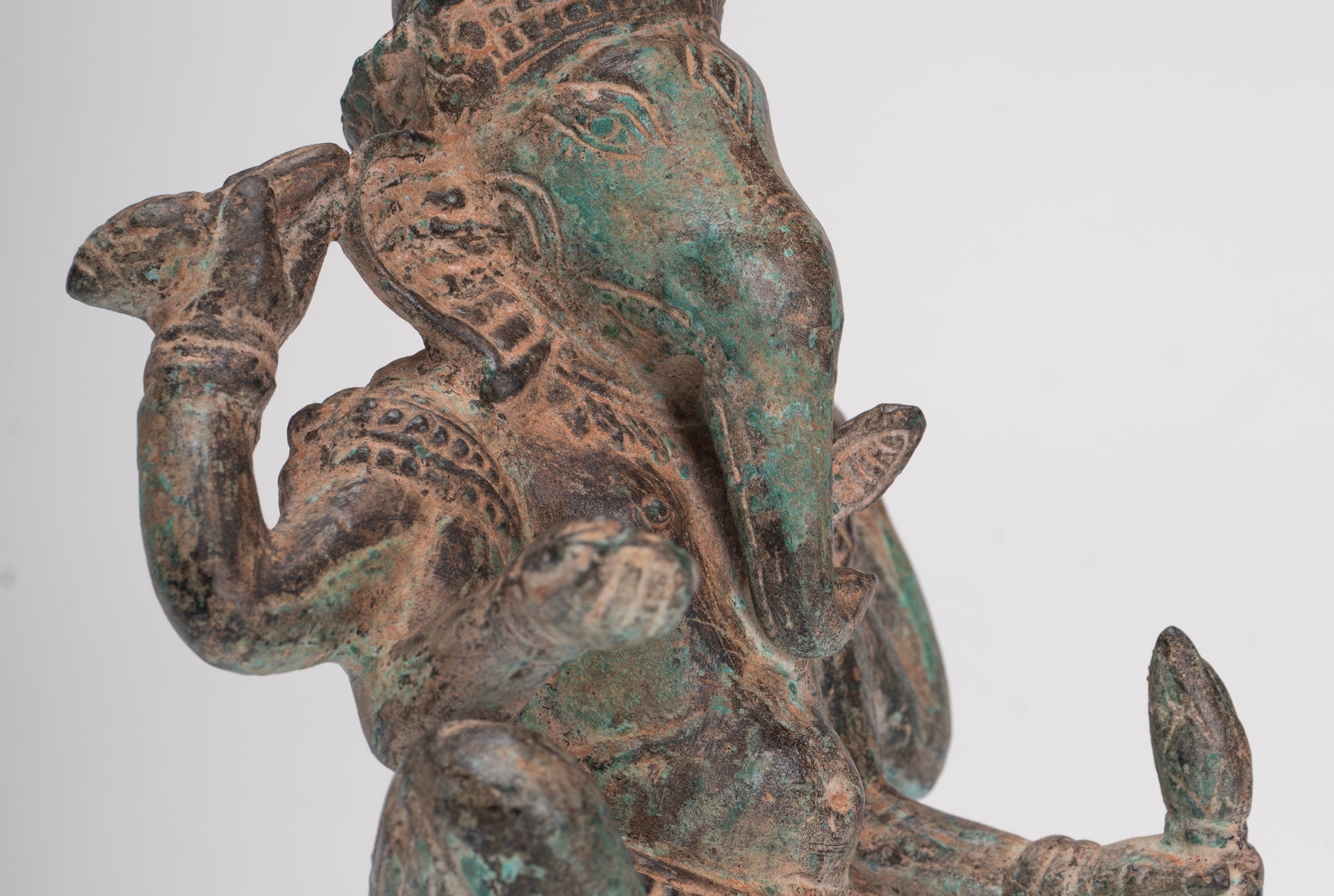 Ganesha Statue - Antique Khmer Style Angkor Wat Bronze Seated Four Arm Ganesh Statue - 19cm/8"