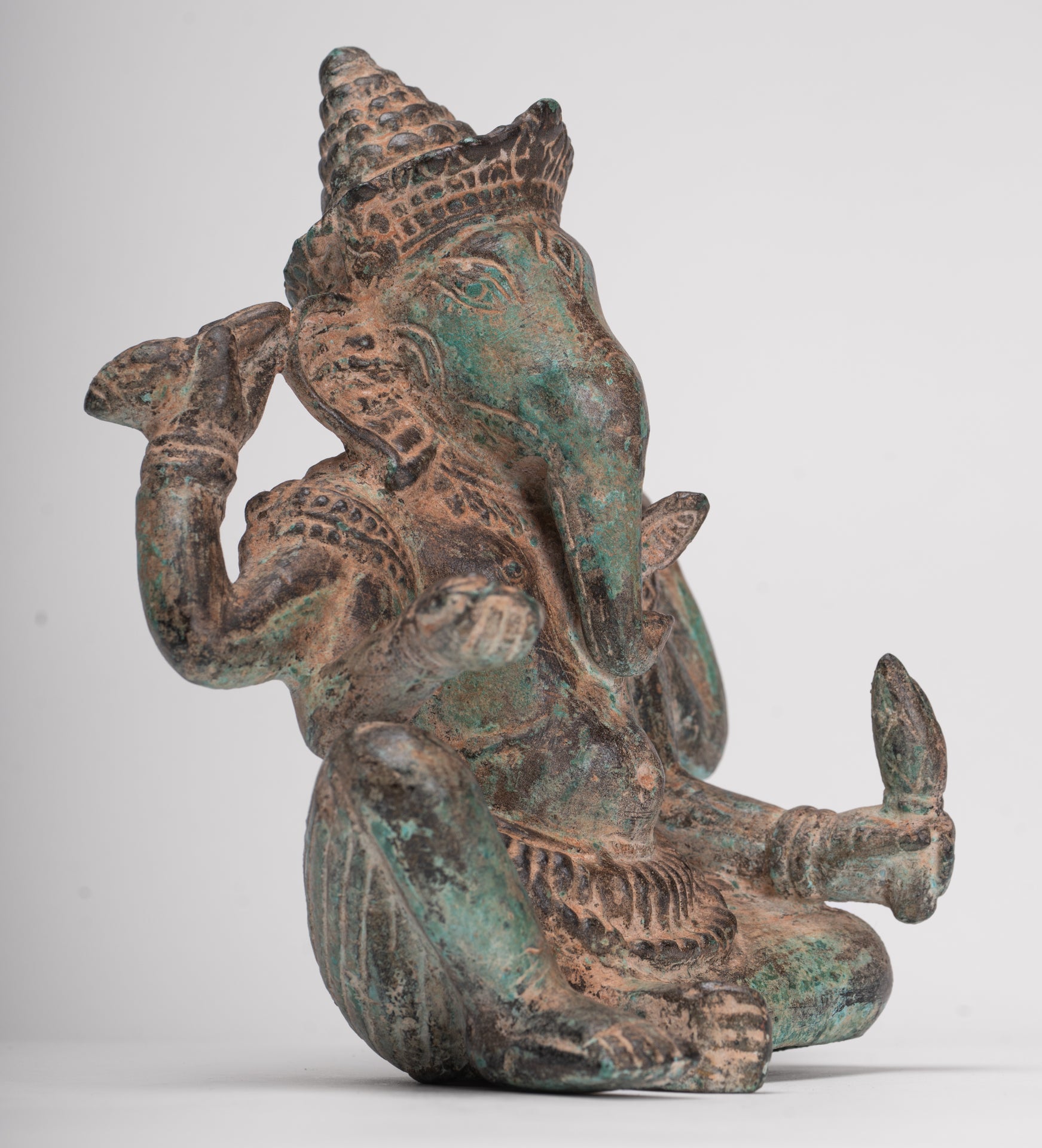 Ganesha Statue - Antique Khmer Style Angkor Wat Bronze Seated Four Arm Ganesh Statue - 19cm/8"