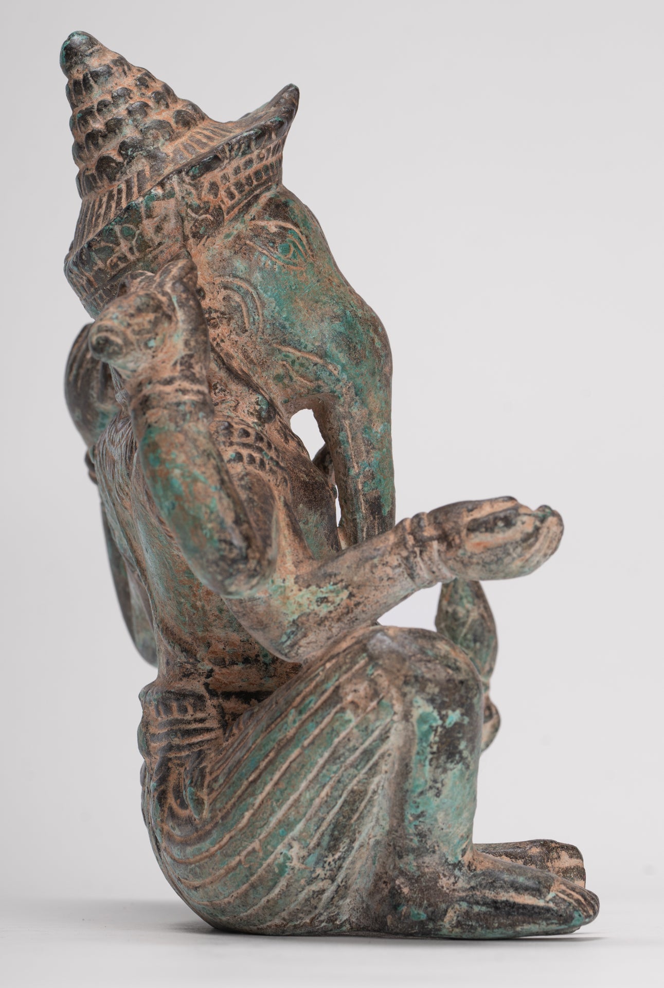 Ganesha Statue - Antique Khmer Style Angkor Wat Bronze Seated Four Arm Ganesh Statue - 19cm/8"