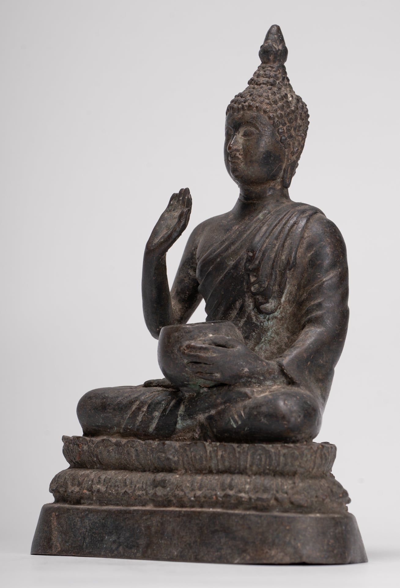 Antique Thai Style Bronze Chiang Saen Abhaya Protection Buddha Statue - 22cm/9"