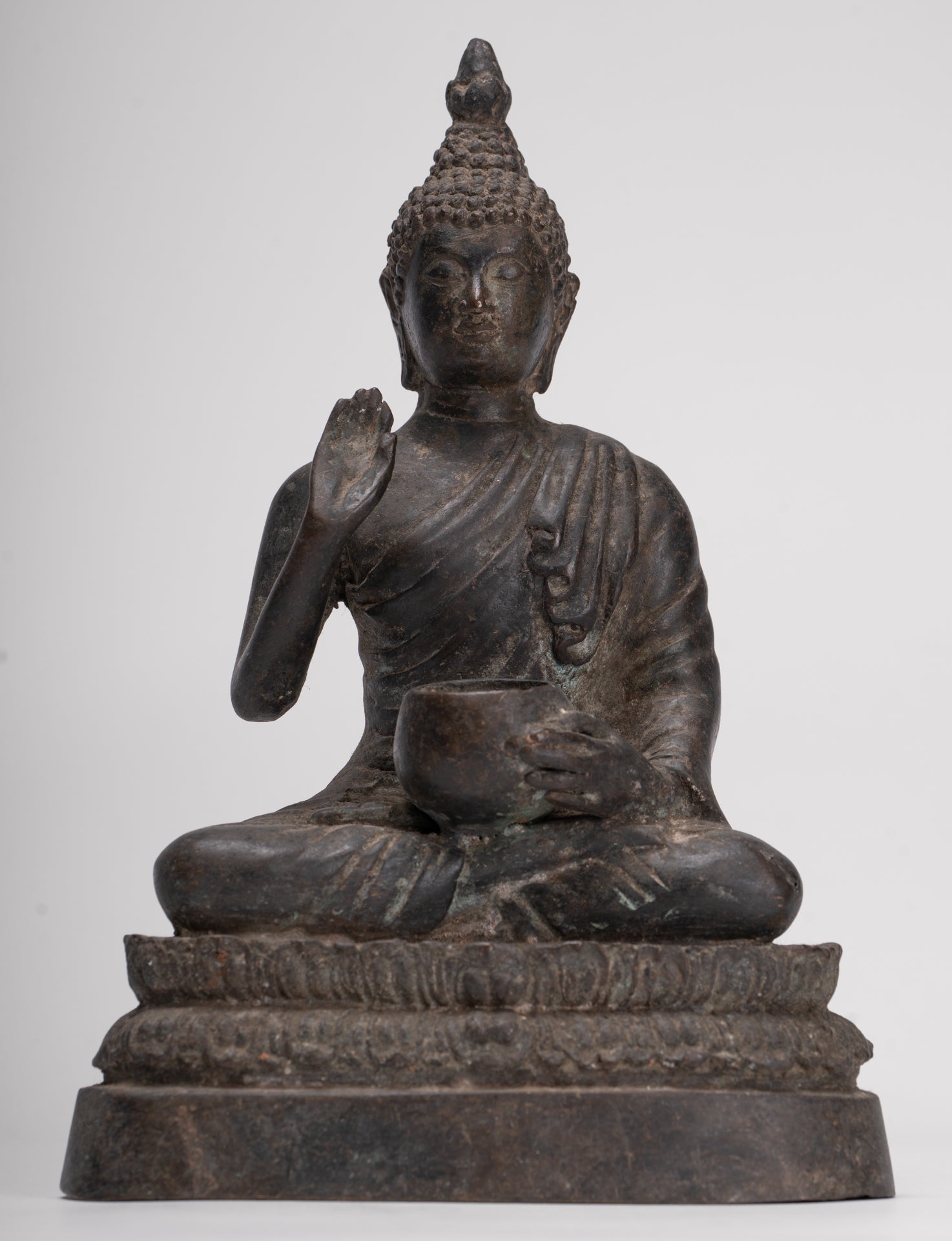 Antique Thai Style Bronze Chiang Saen Abhaya Protection Buddha Statue - 22cm/9"