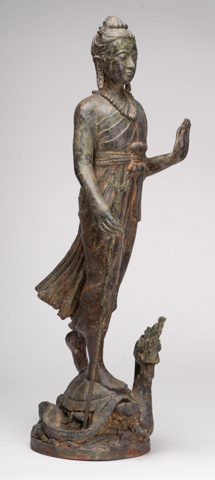 Antique Thai Style Bronze Standing Shiva with Turtle and Naga - 58cm/23"