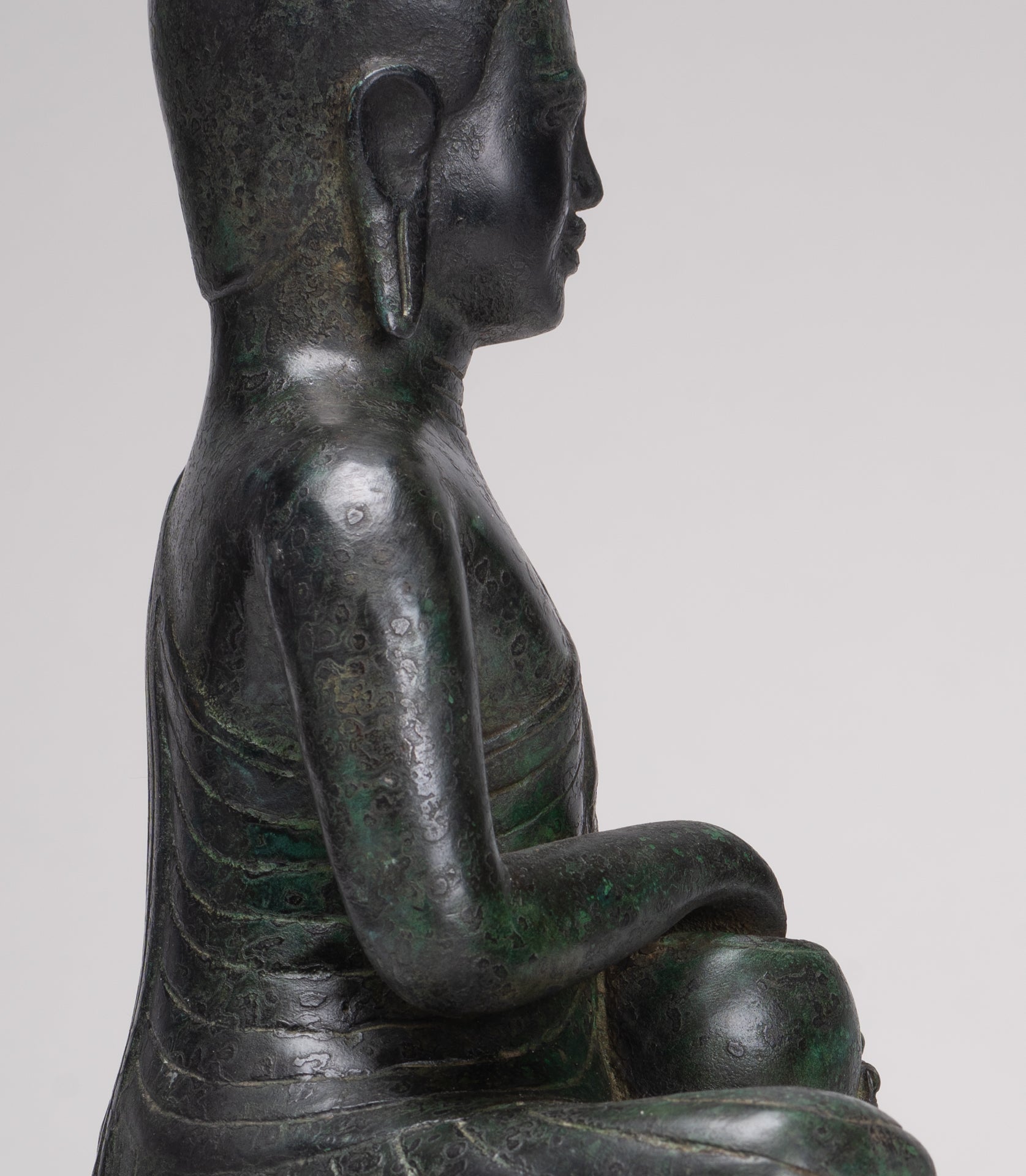 Antique Thai Style Seated Bronze Monk Statue - 33cm/13"