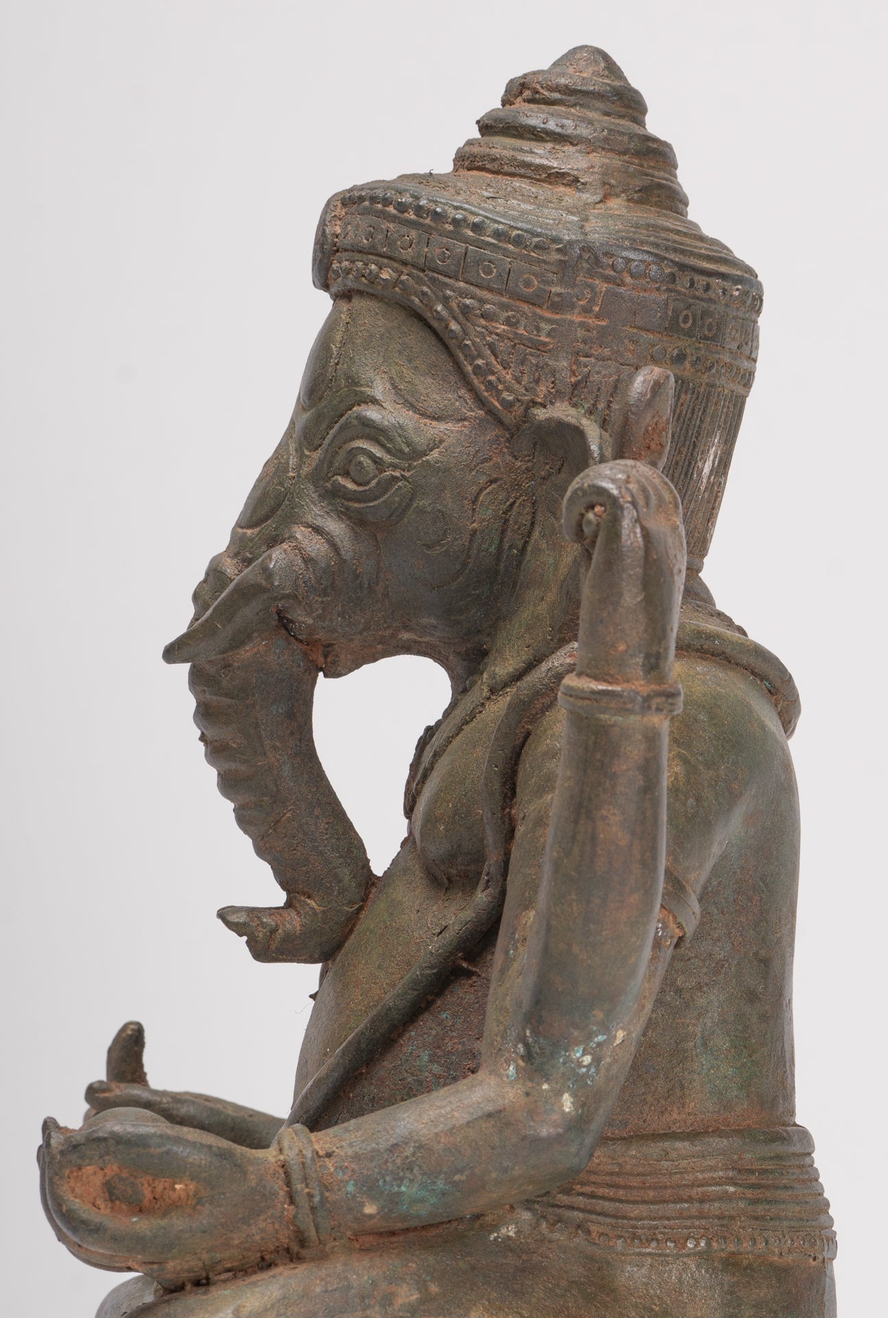 Antique Thai Style Bronze Seated Green 4-Arm Ganesha Statue - 31cm/12"
