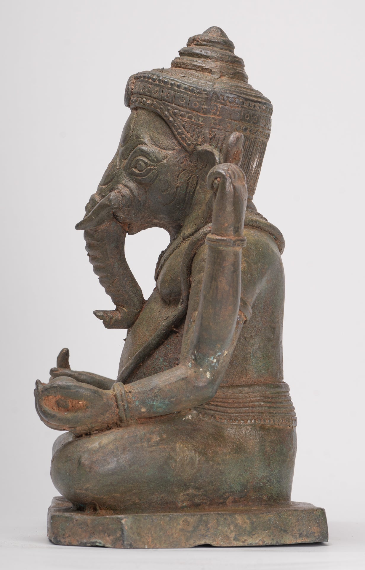 Antique Thai Style Bronze Seated Green 4-Arm Ganesha Statue - 31cm/12"
