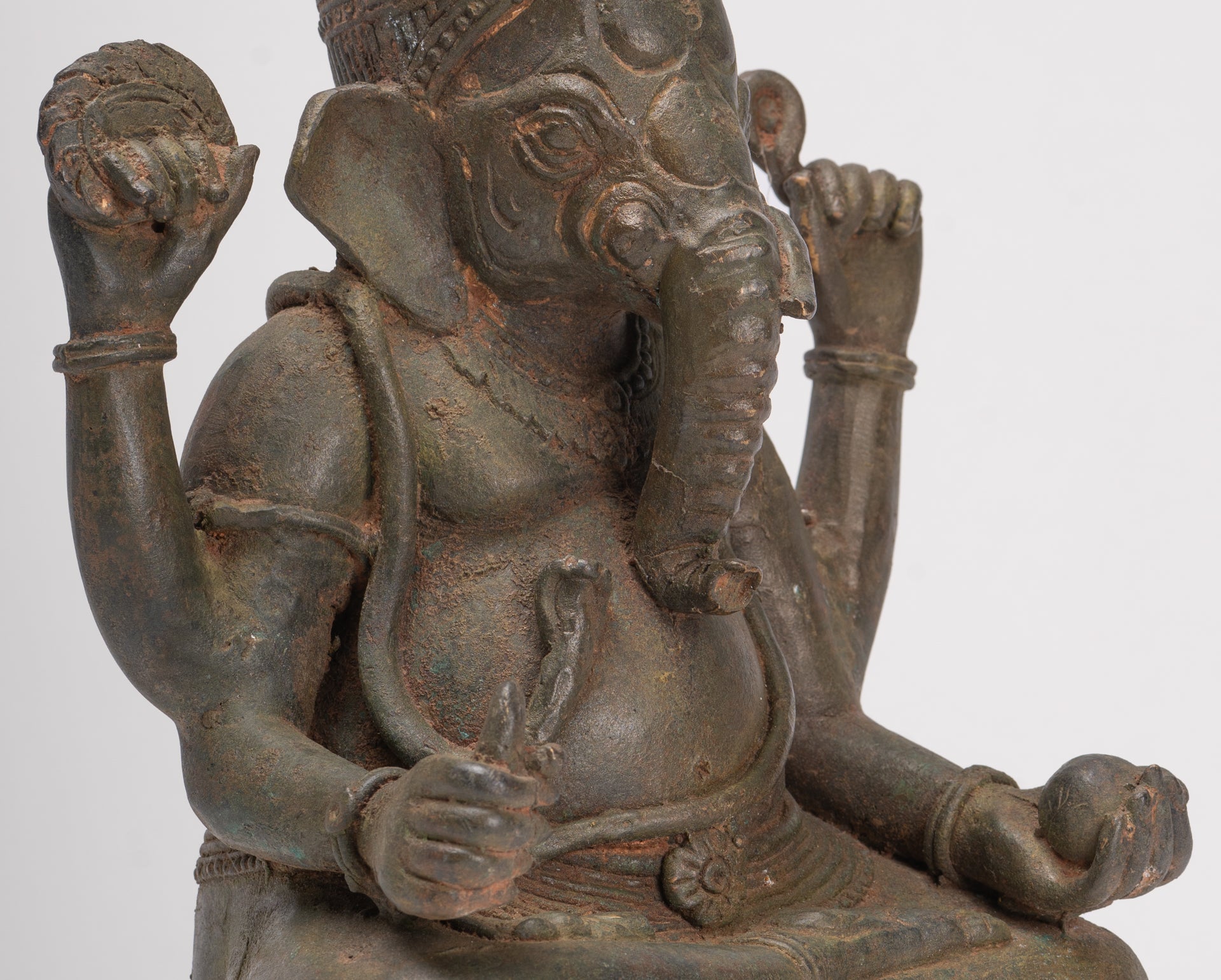 Antique Thai Style Bronze Seated Green 4-Arm Ganesha Statue - 31cm/12"