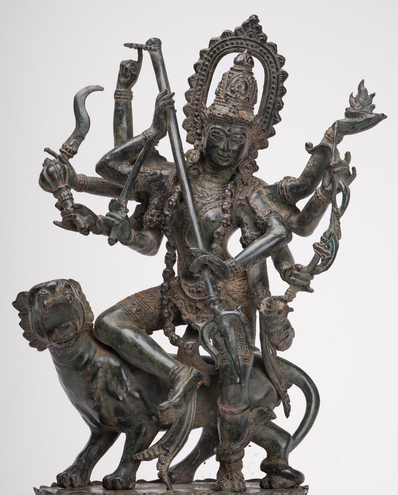 Antique Javanese Style Majapahit Simhavahini Durga Statue - 45cm/18"