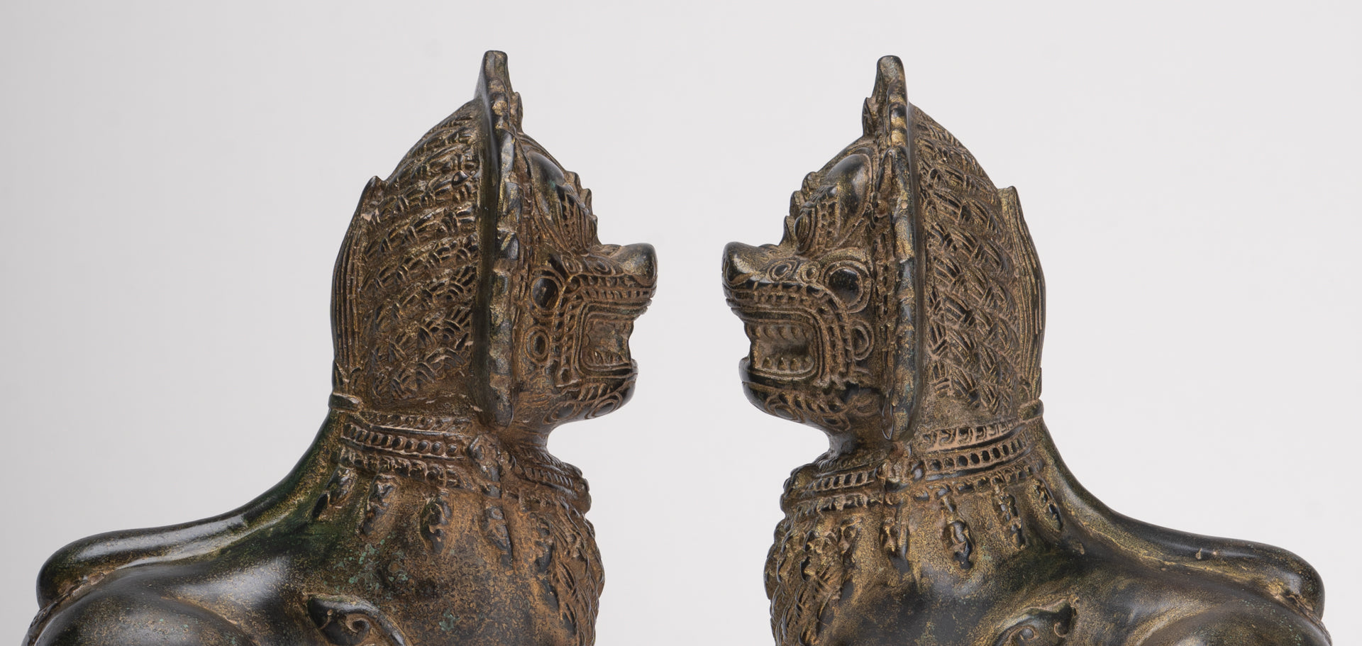 Temple Lions - Antique Khmer Style Bronze Standing Temple Guardian or Lions (Pair) - 21.5cm/9"