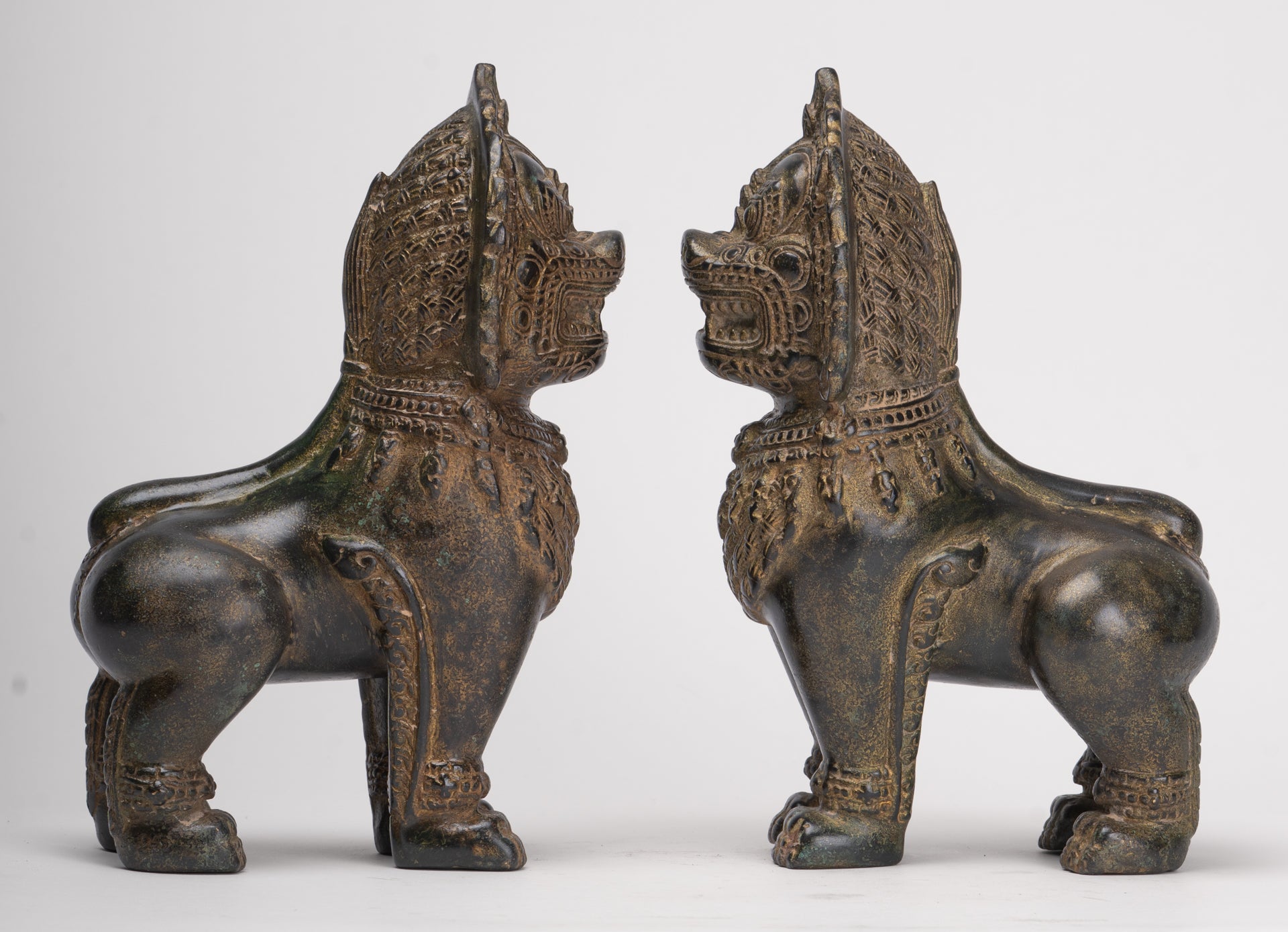Temple Lions - Antique Khmer Style Bronze Standing Temple Guardian or Lions (Pair) - 21.5cm/9"