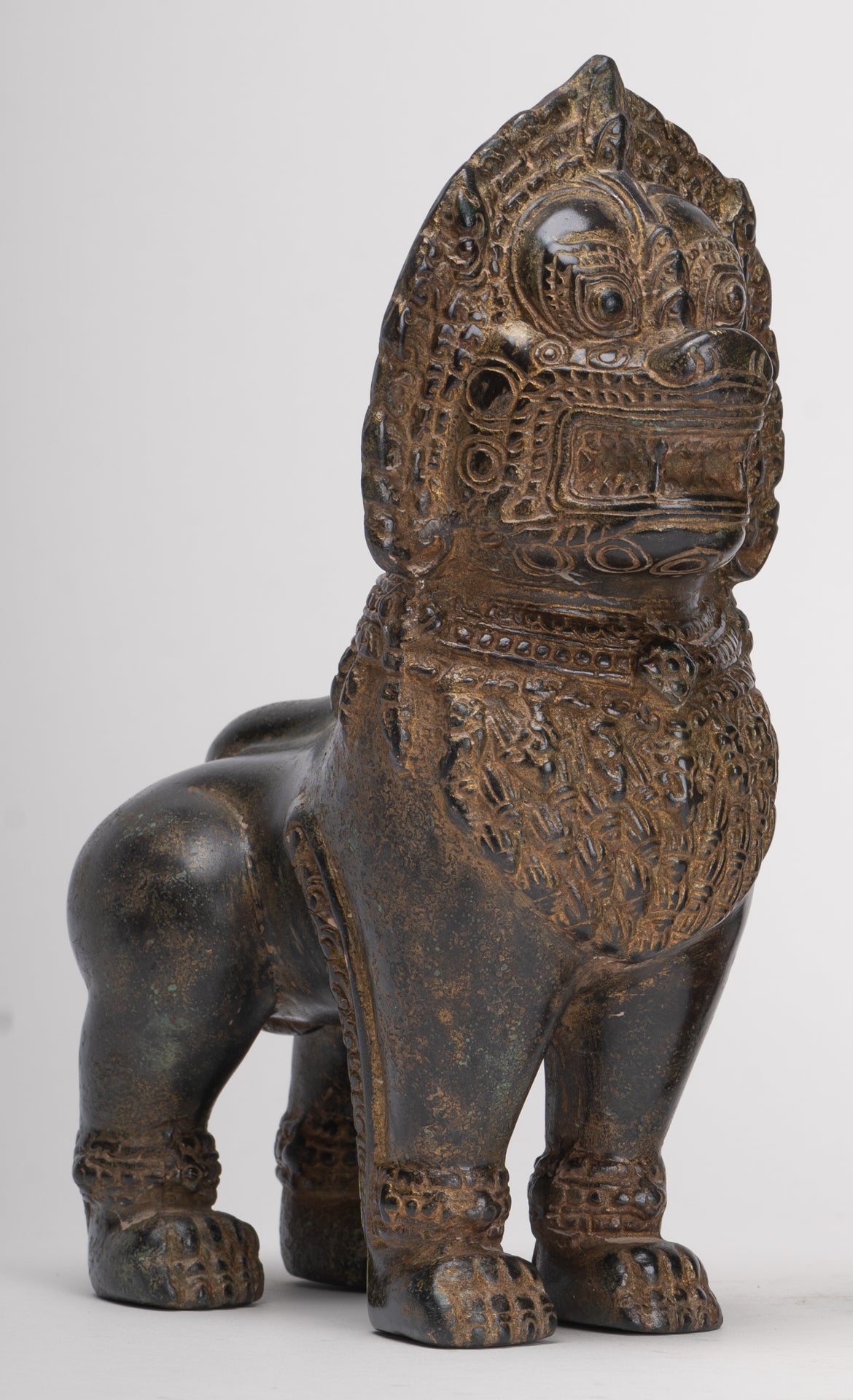 Temple Lions - Antique Khmer Style Bronze Standing Temple Guardian or Lions (Pair) - 21.5cm/9"