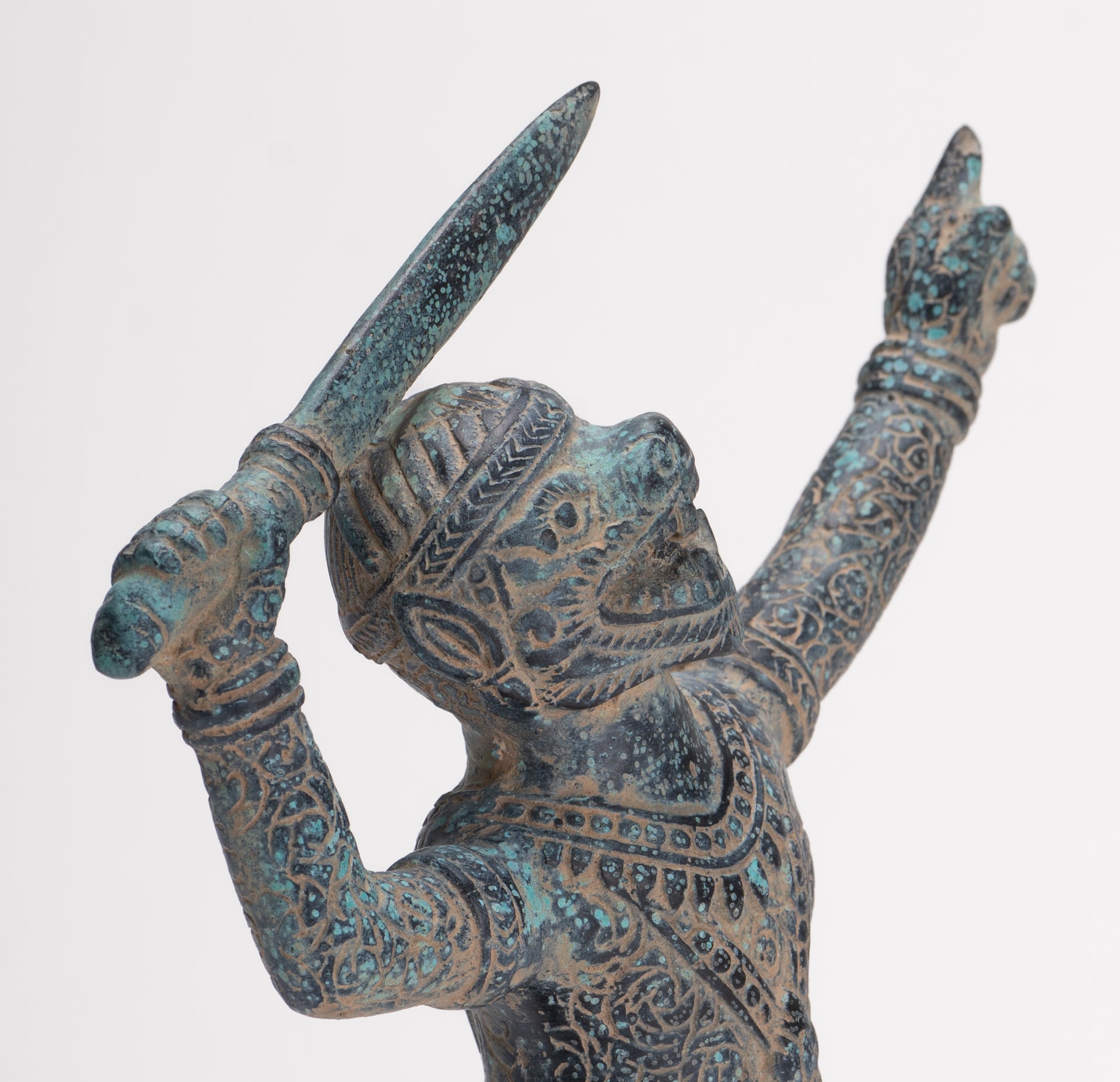 Antique Khmer Bayon Style Bronze Hanuman Warrior Statue – Sword-Bearing Monkey General - 23.5cm/9" Tall