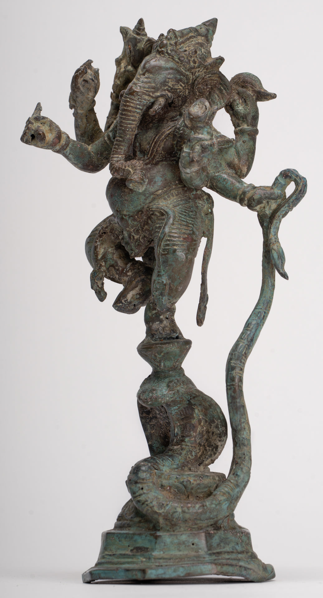 Antique Javanese Style Bronze Dancing Indonesian Ganesha Statue with Naga - 25cm/10"