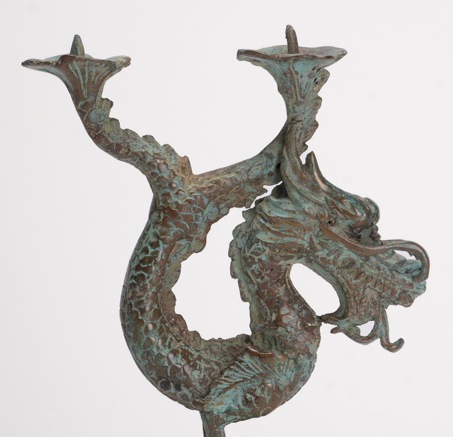 Antique Chinese Style Bronze Dragon Candle Holder - 17.5cm/7"